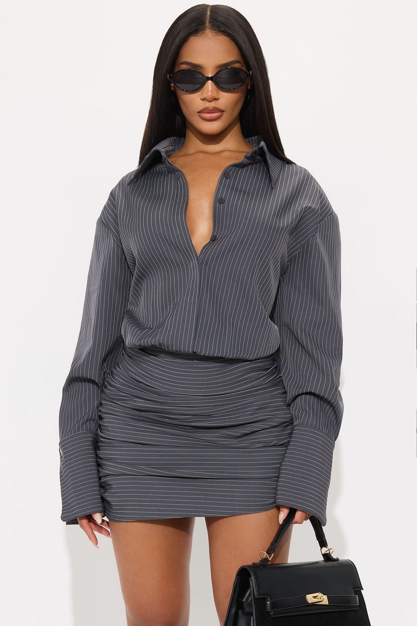 Lara Pinstripe Shirt Mini Dress - Grey