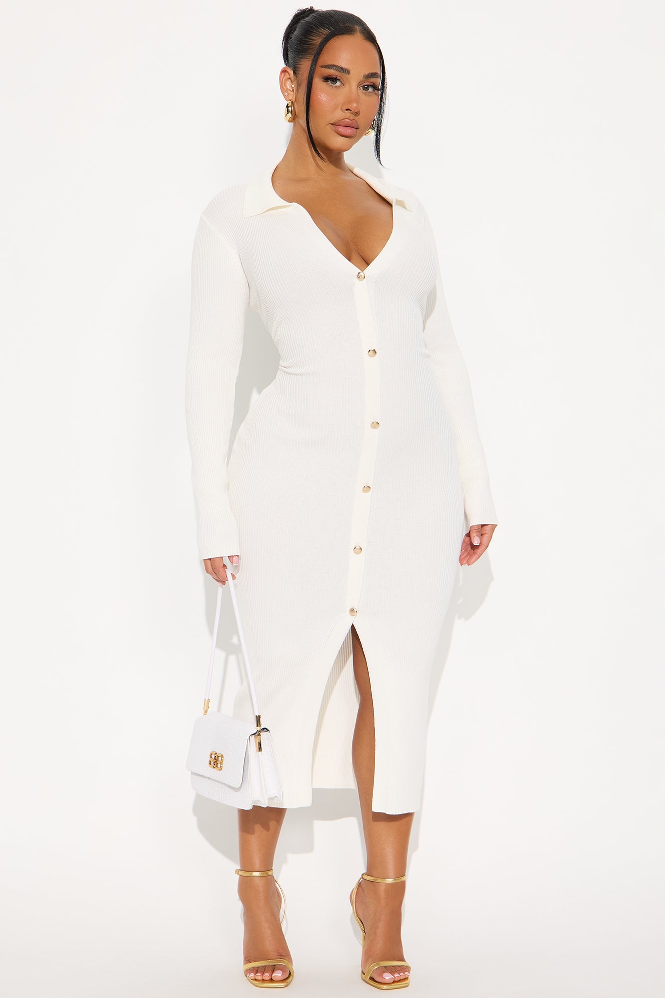 Jada Long Sleeve Ribbed Midi Dress - White