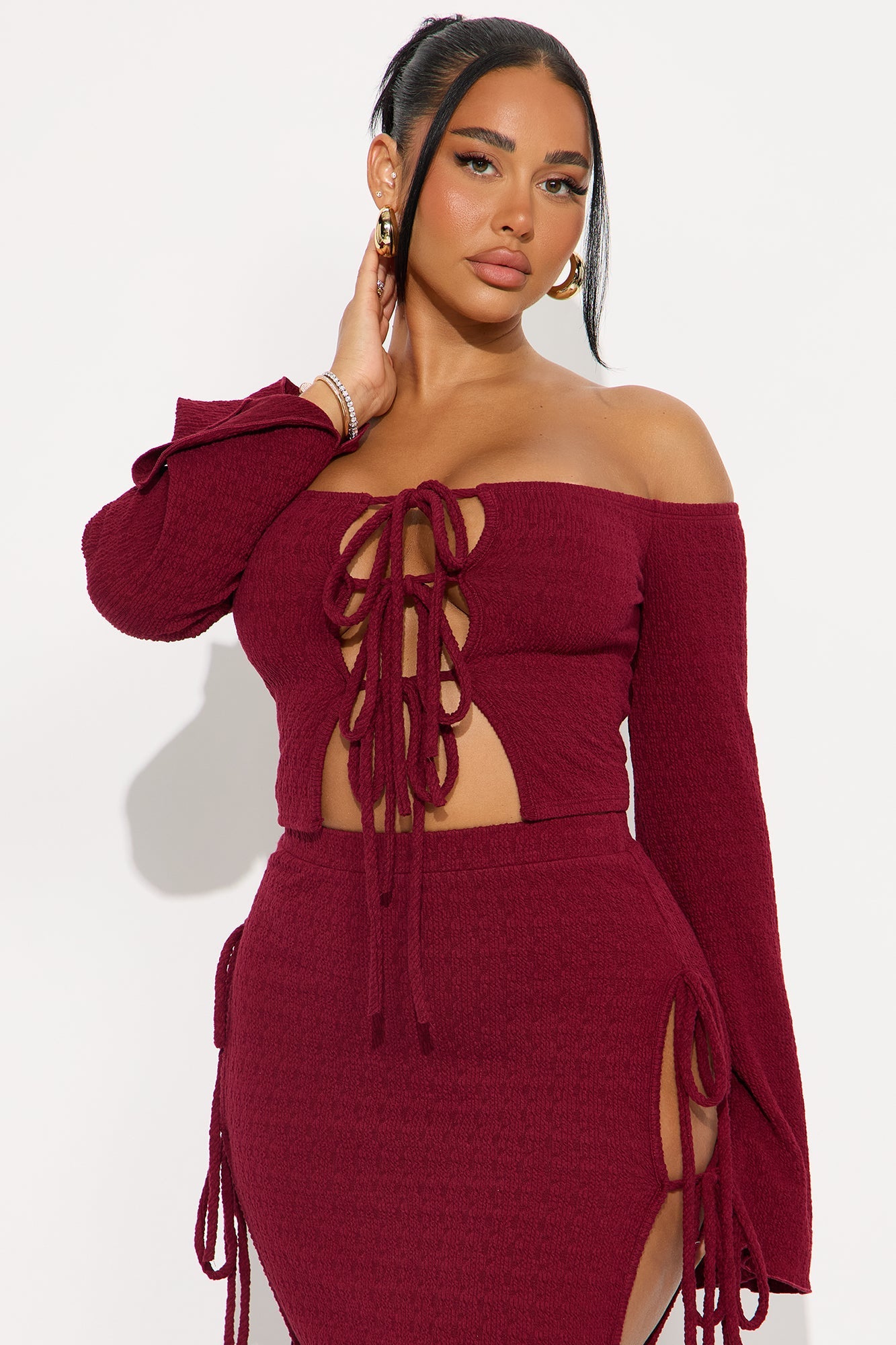 Perfectly Situated Textured Knit Maxi Skirt Set - Wine