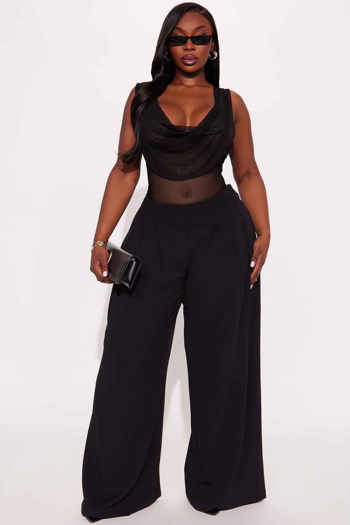 Brigitte Crepe Knit Wide Leg Pleated Pant 33″ - Black