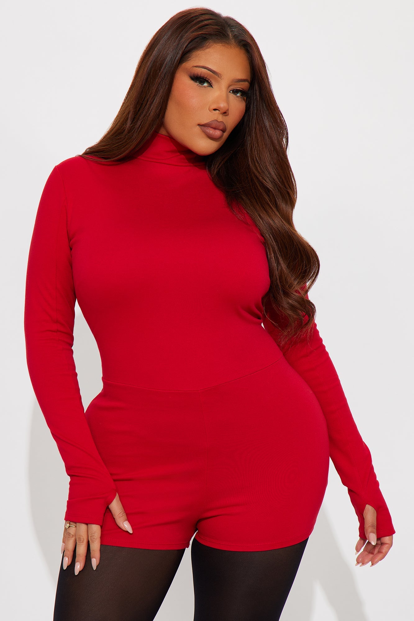 Natalye Long Sleeve Mock Neck Romper - Red