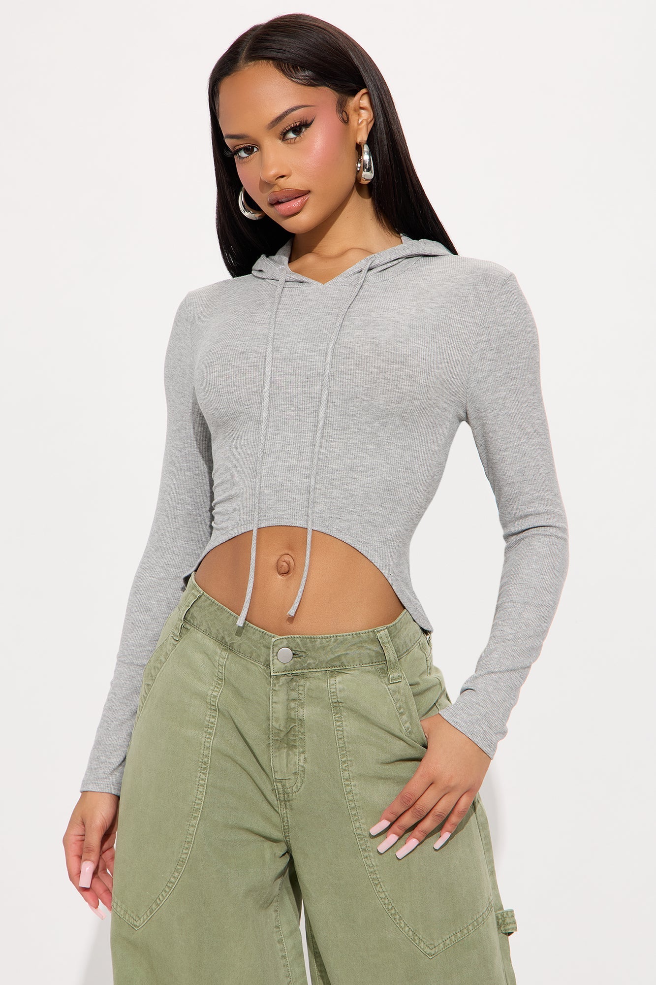 Livia Long Sleeve Ribbed Hooded Top - Heathered Grey