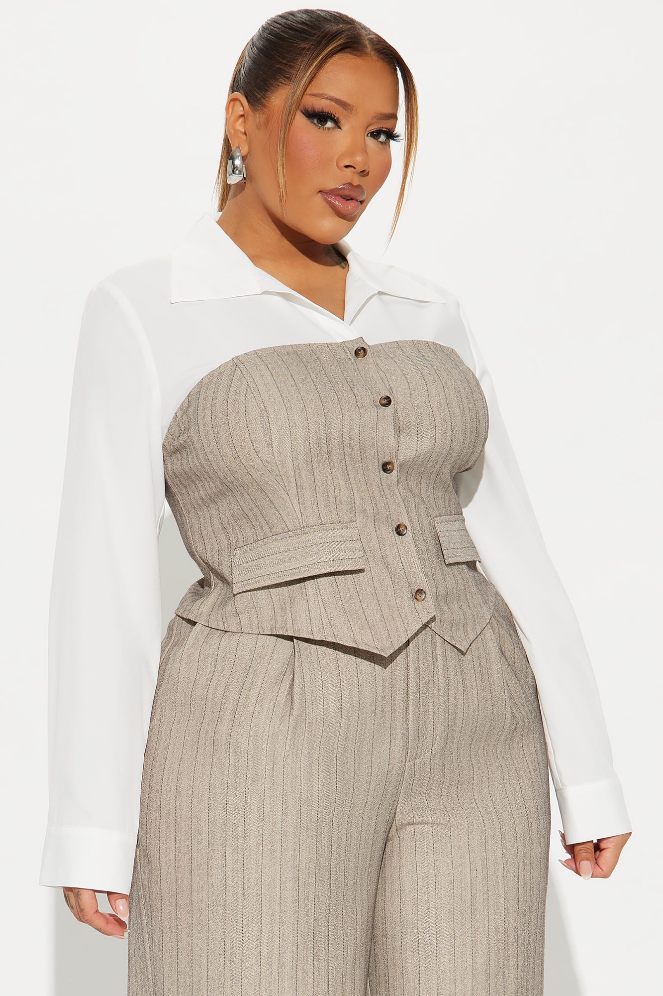 In Attendance Pinstripe Wide Leg Pant Set - Taupe