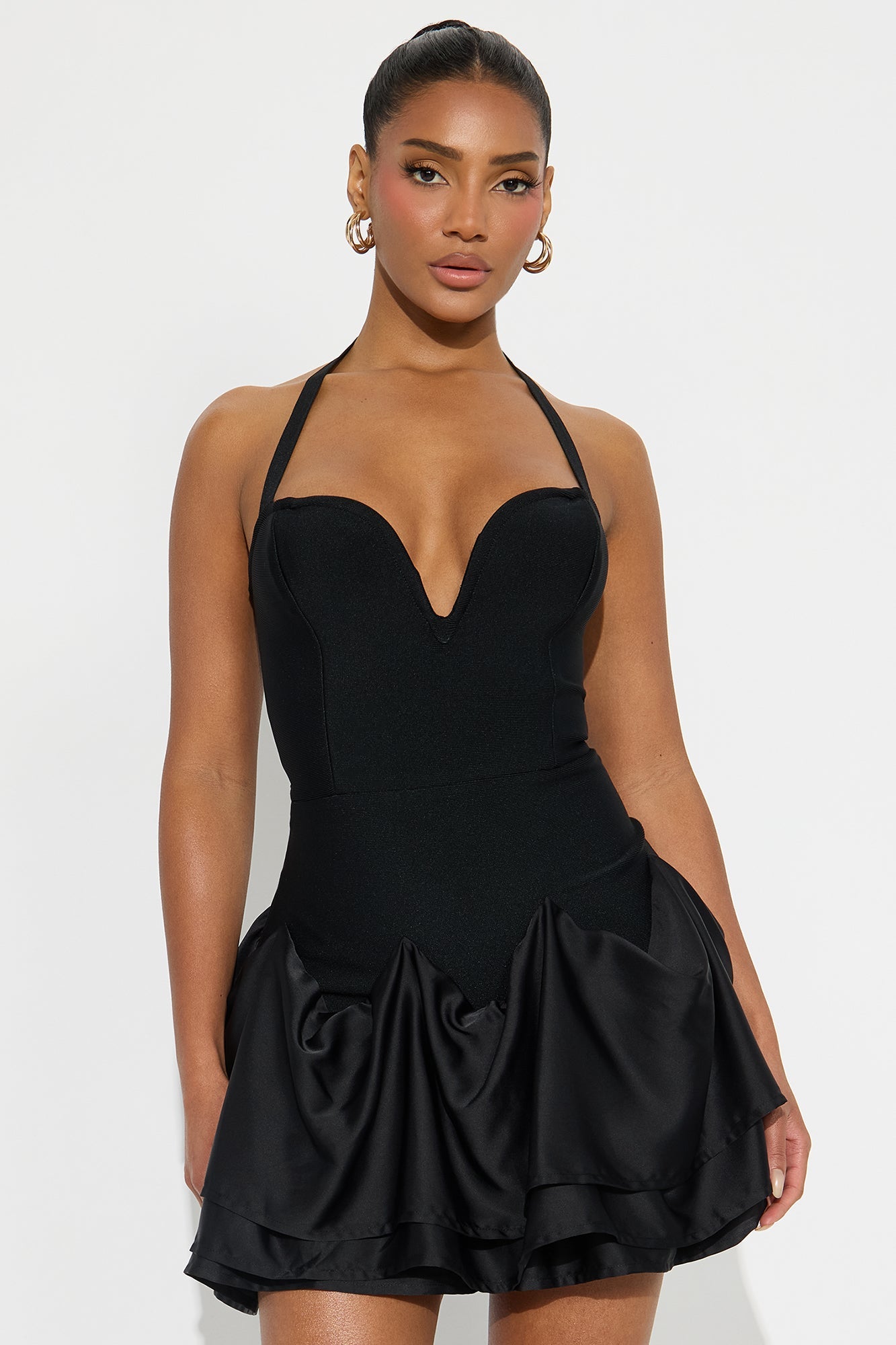Lana Satin Bubble Bandage Mini Dress - Black