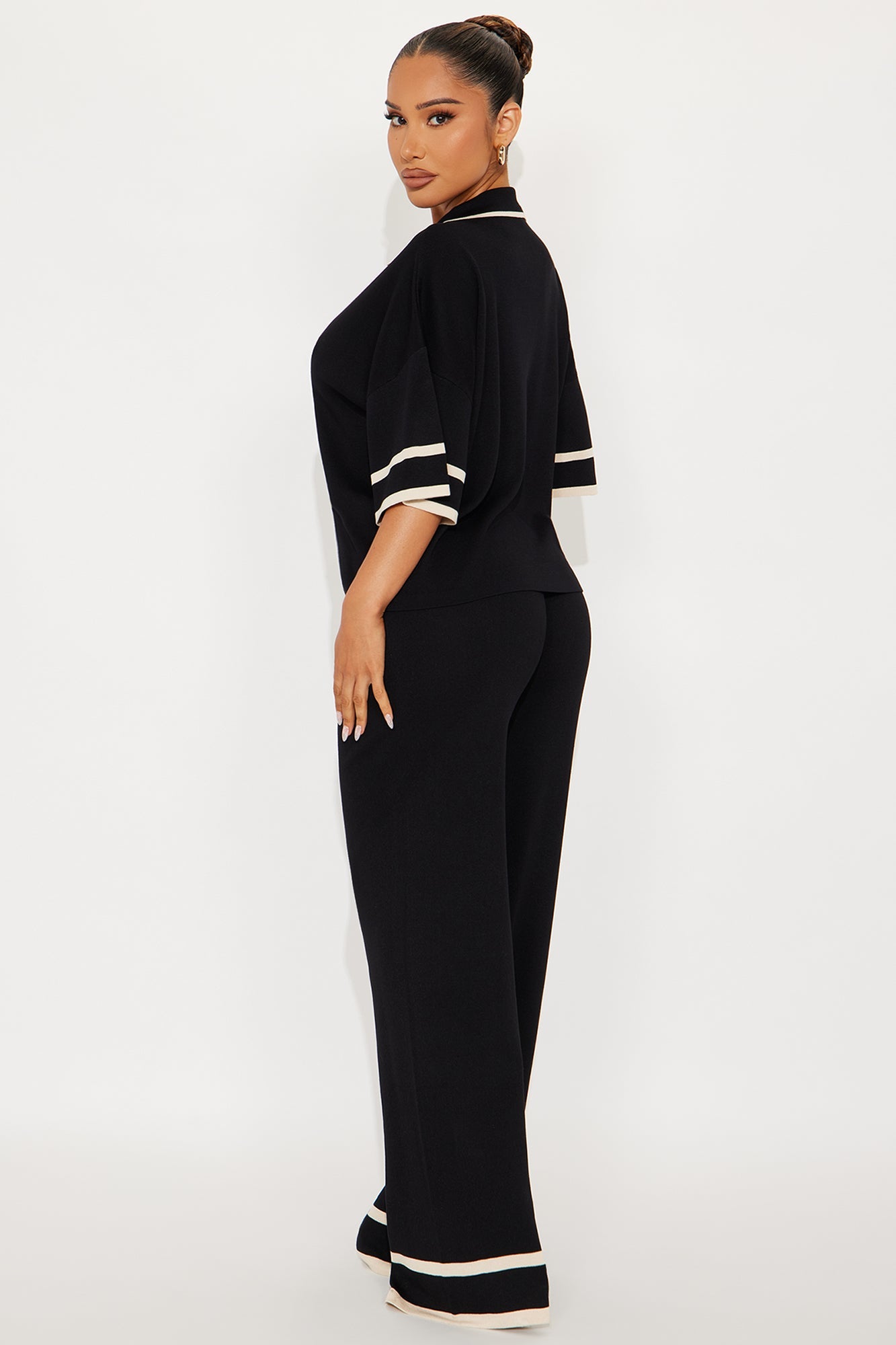 Sarah Sweater Knit Polo Pant Set - Black