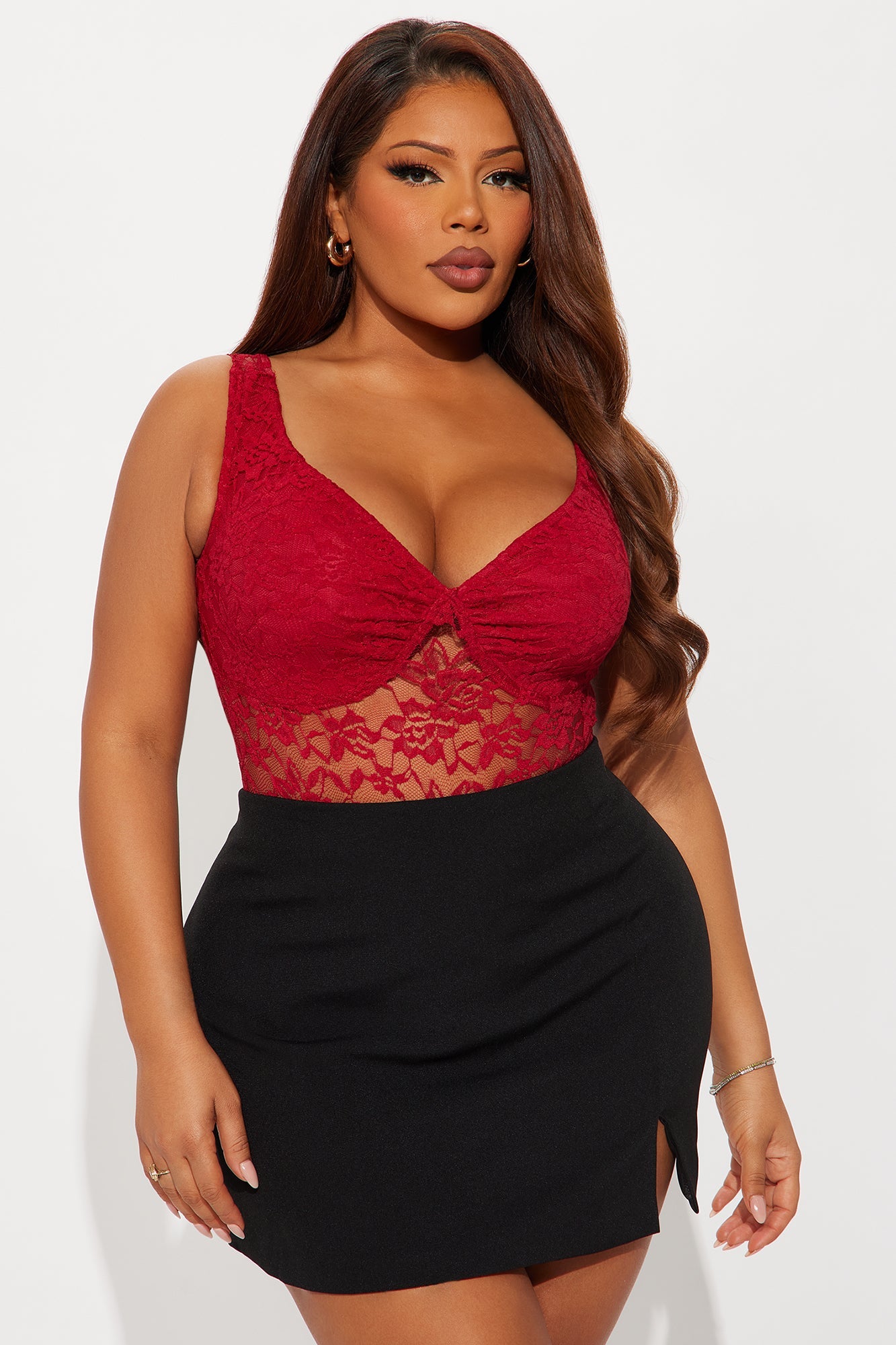 Tiria Sheer Lace Bodysuit - Red