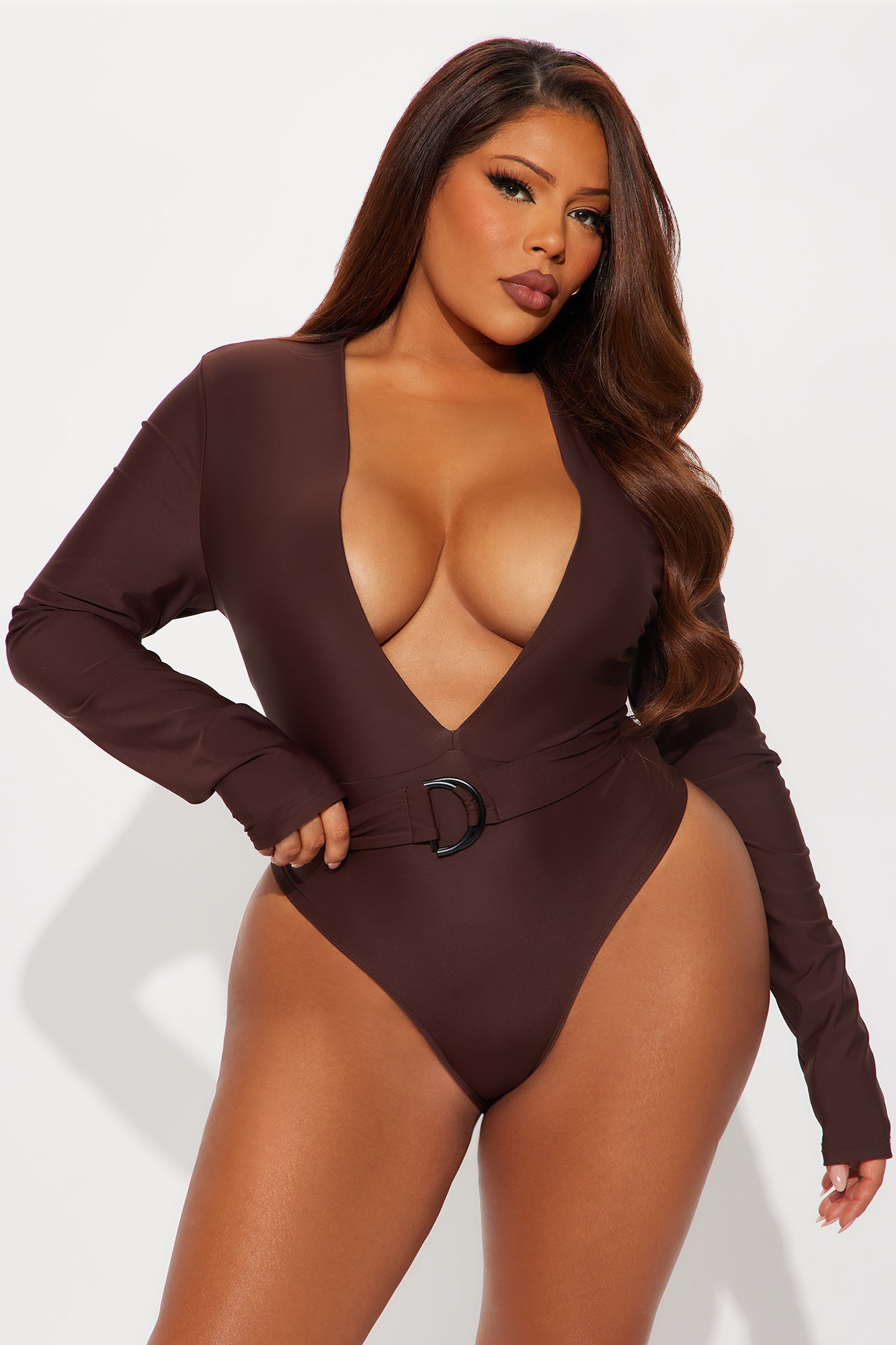 City Skeptic Deep V Neck Long Sleeve Bodysuit - Brown
