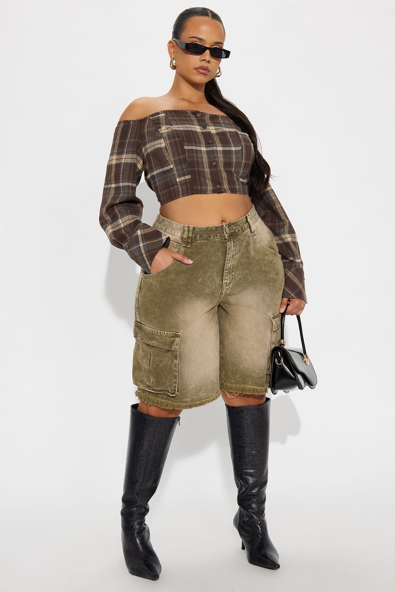Beeba Plaid Off Shoulder Top - Brown/combo