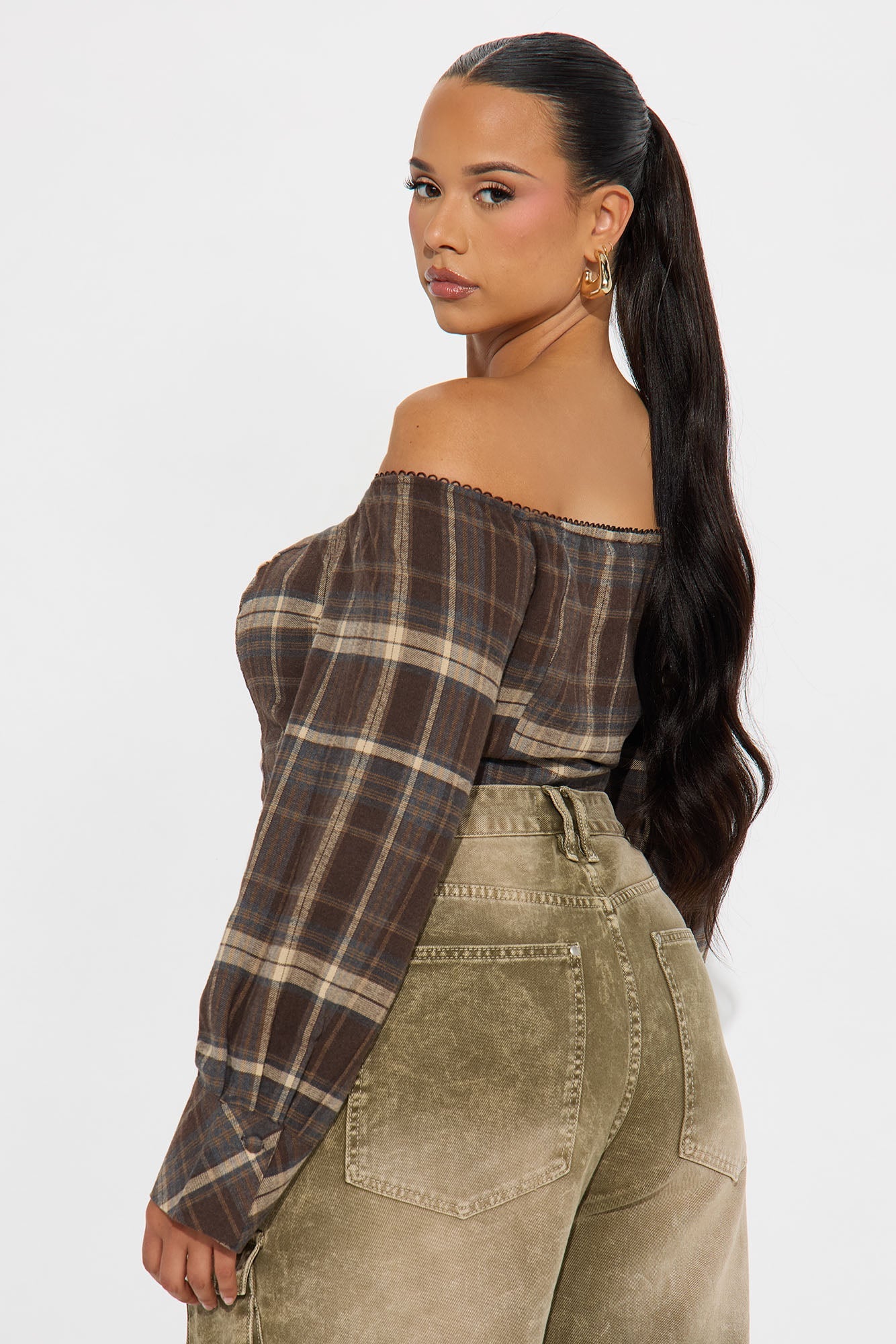 Beeba Plaid Off Shoulder Top - Brown/combo