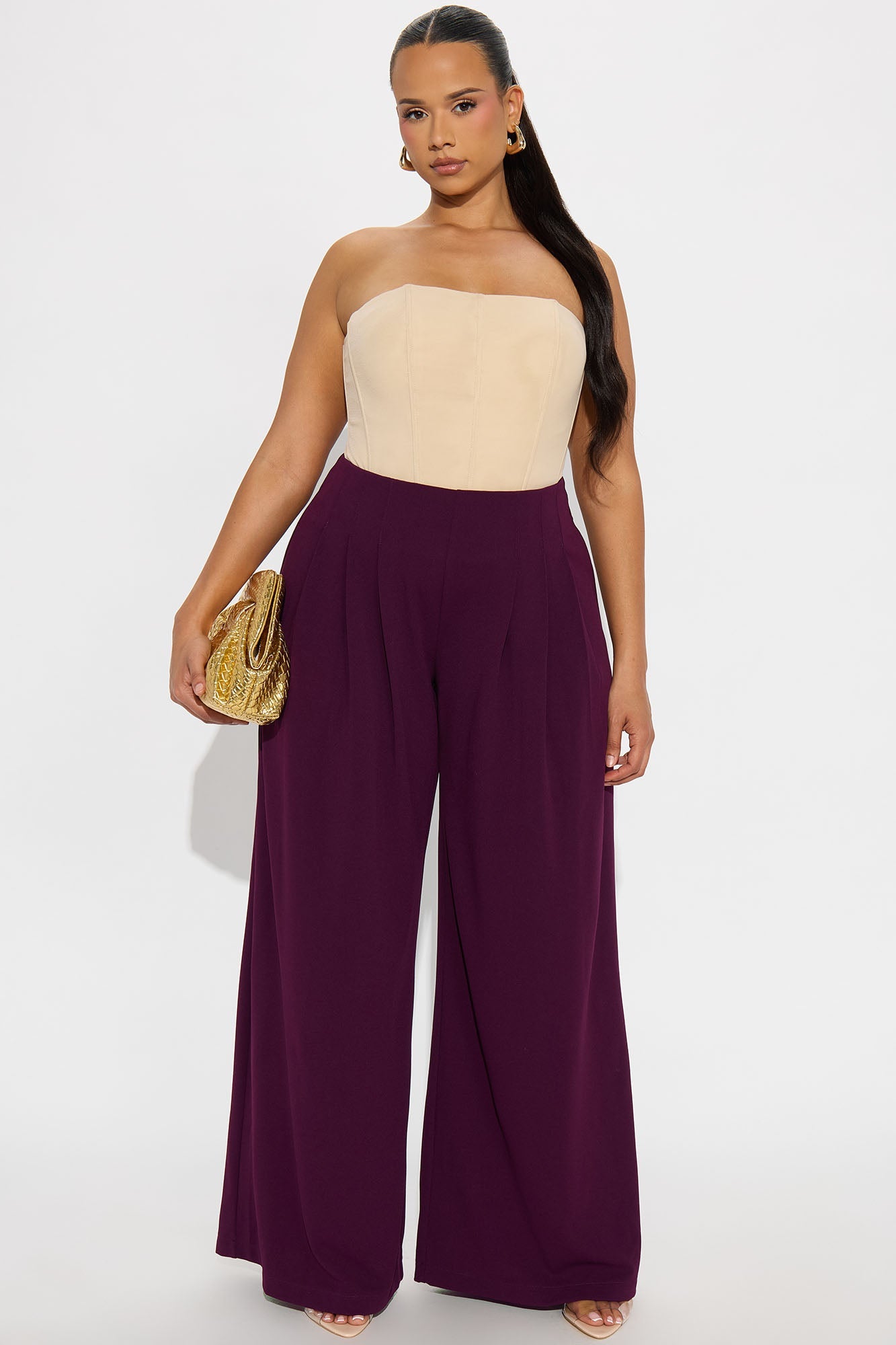 Brigitte Crepe Knit Wide Leg Pleated Pant 33″ - Plum