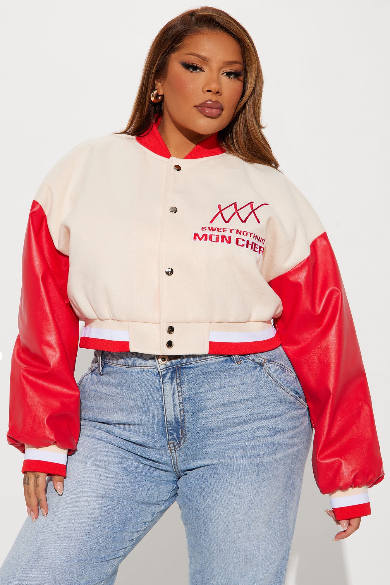 Mon Cheri Cropped Varsity Jacket - Taupe/combo