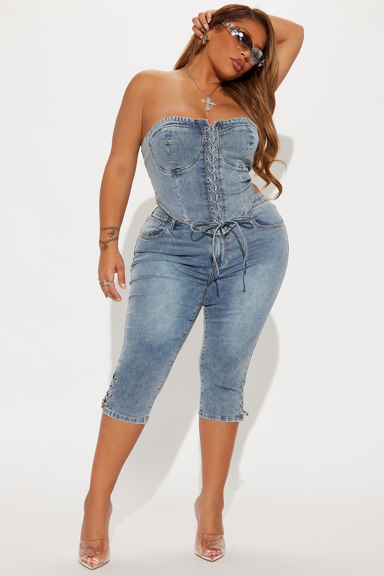 Wait For Me Denim Capri Set - Medium Wash