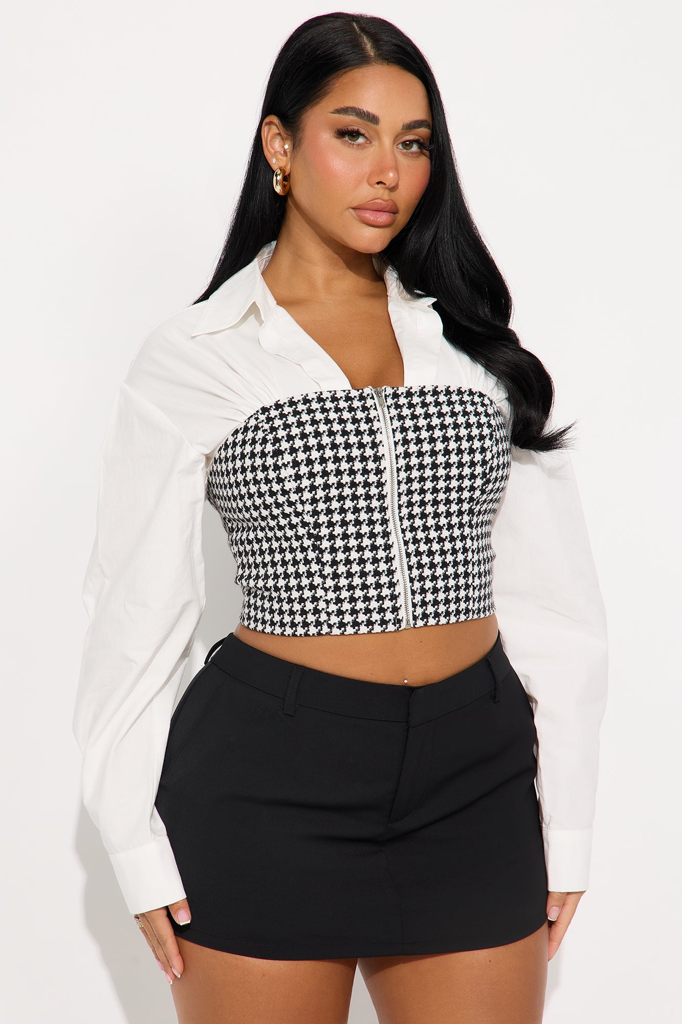 Off Duty Set In Poplin Houndstooth Top - White/Black