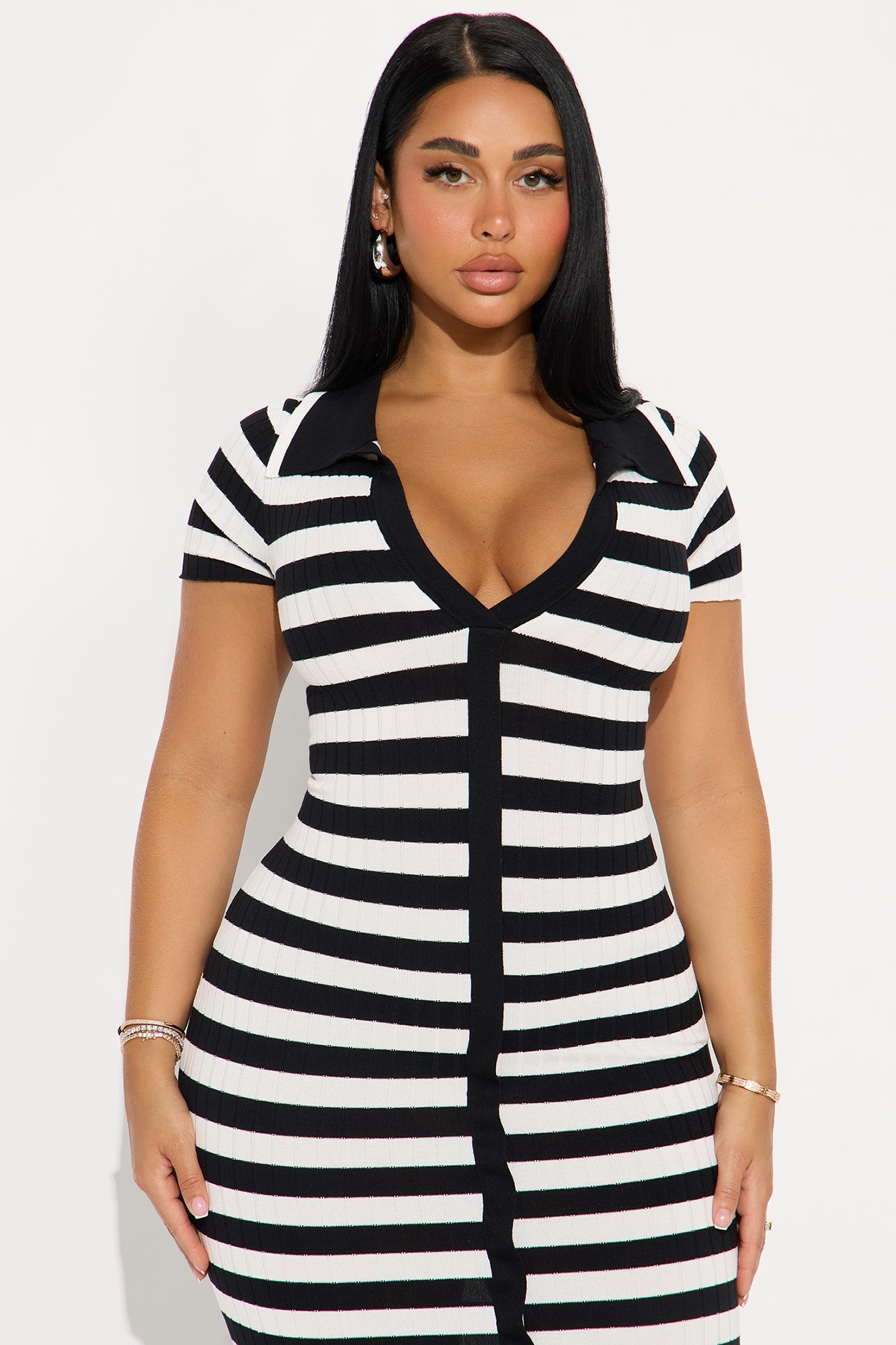 Prestigious Tour Ribbed Midi Dress - White/Black