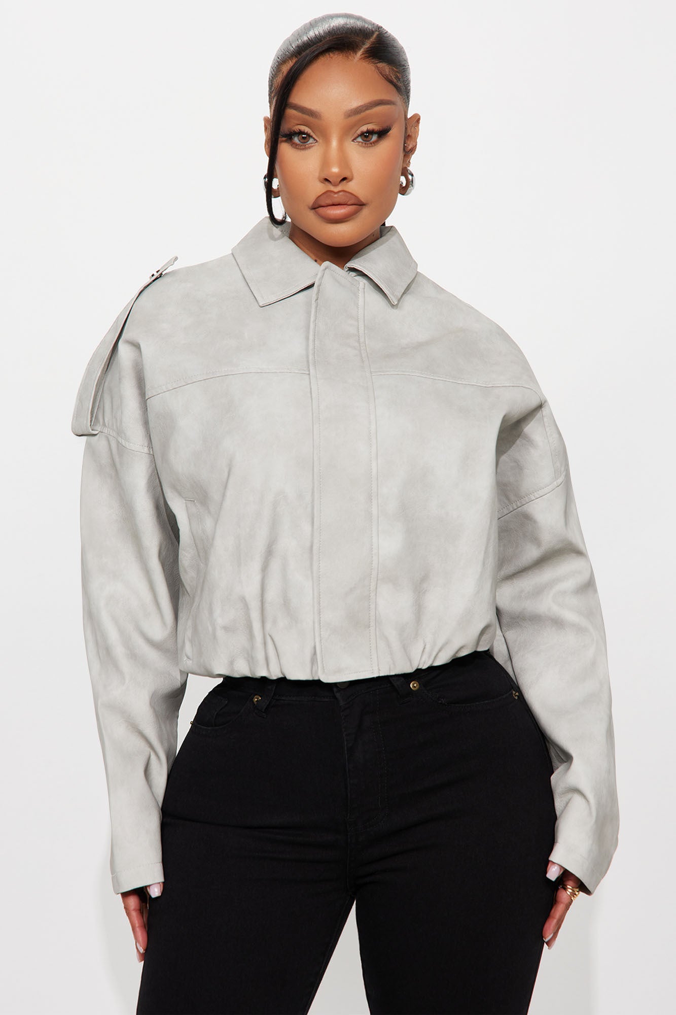 Chelsea Washed Faux Suede Bubble Jacket - Light Grey