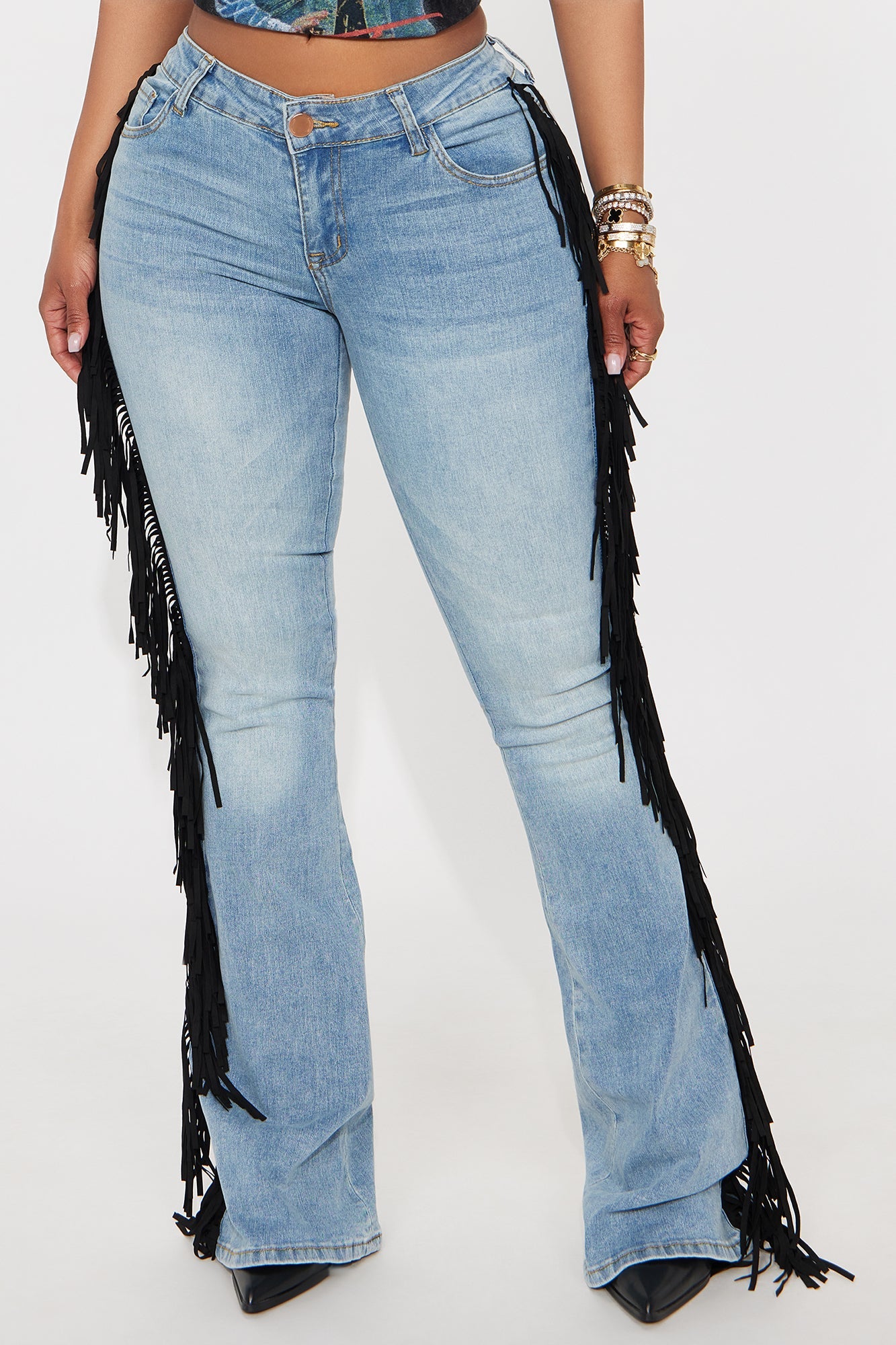 Out West Low Rise Fringe Flare Jeans - Vintage Wash