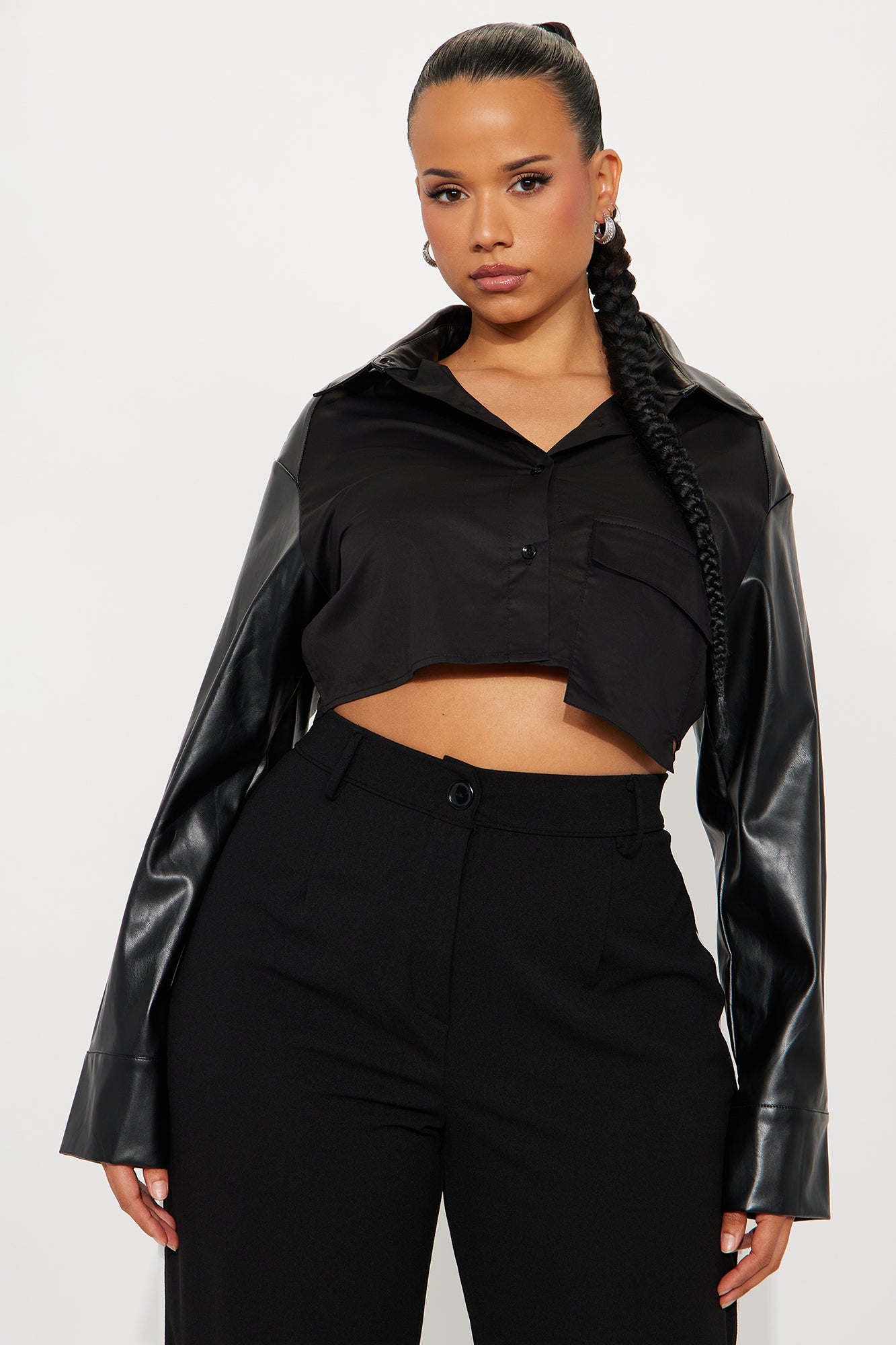 Hey Way Poplin Contrast Faux Leather Shirt - Black