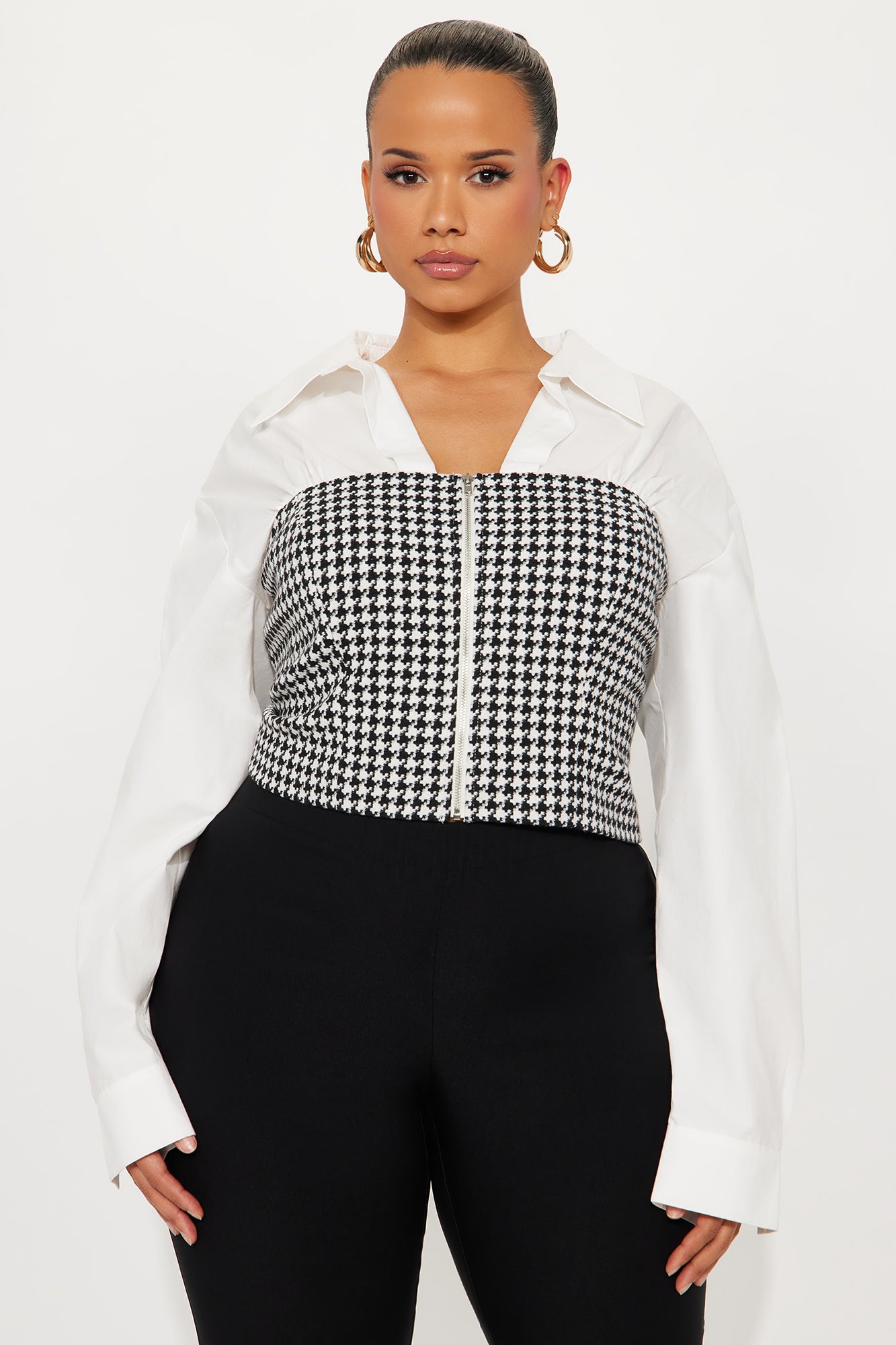 Off Duty Set In Poplin Houndstooth Top - White/Black