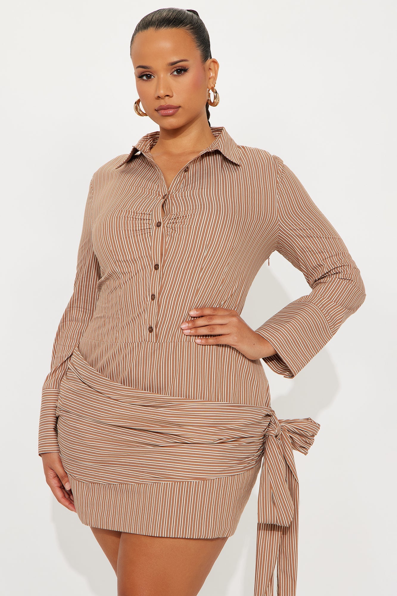 Bria Draped Pinstripe Shirt Mini Dress - Taupe