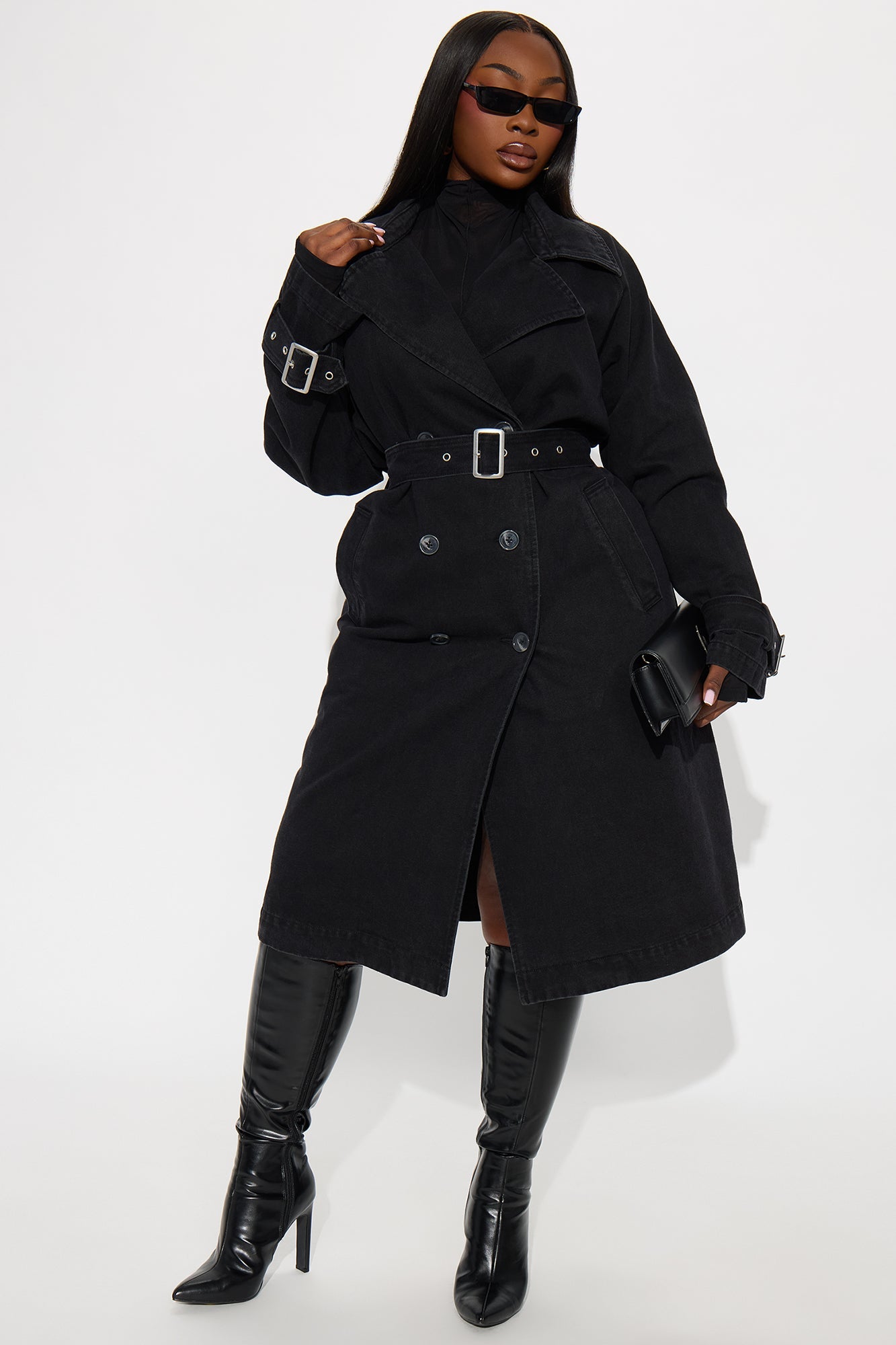 Denise Belted Denim Trench Coat - Black