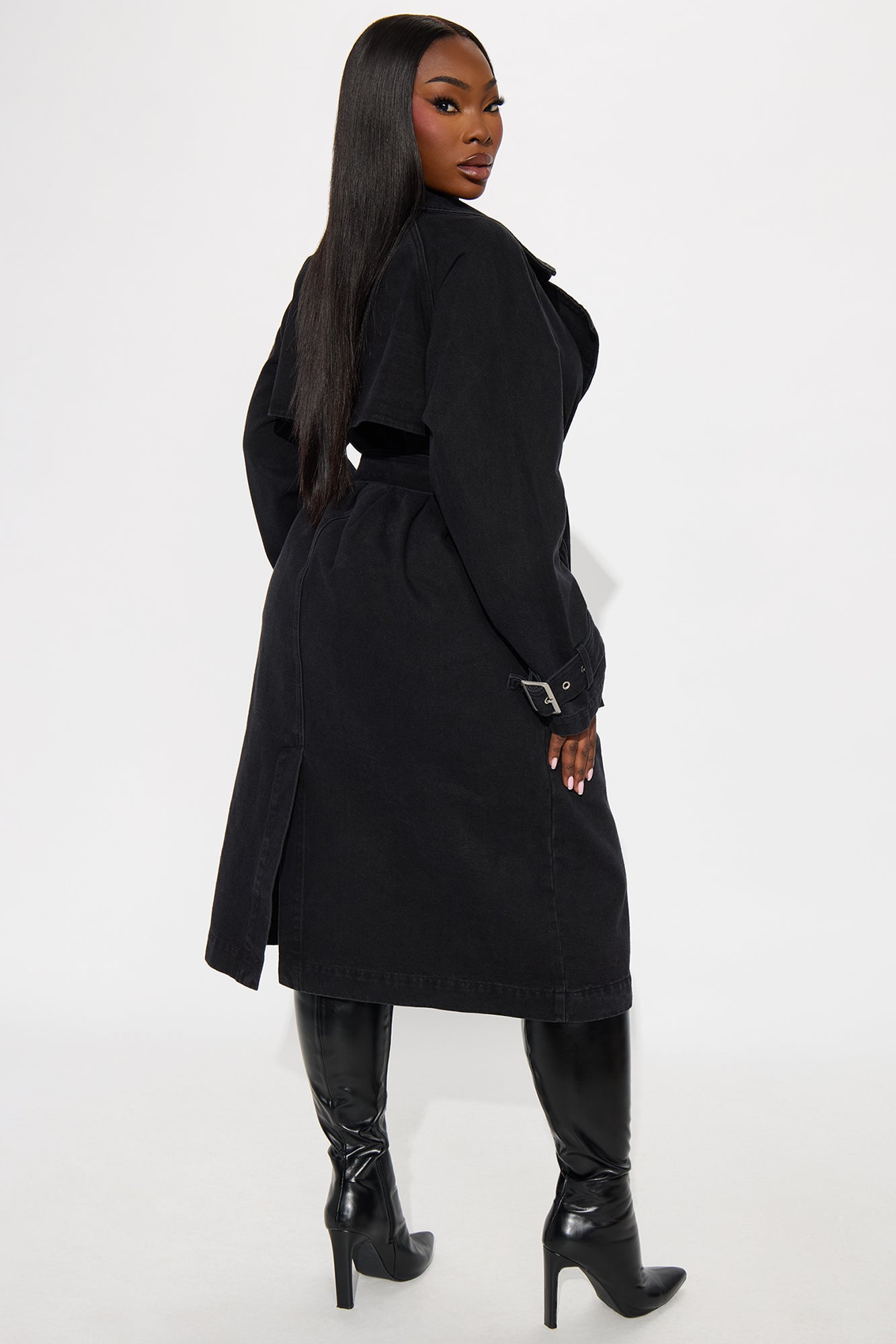 Denise Belted Denim Trench Coat - Black