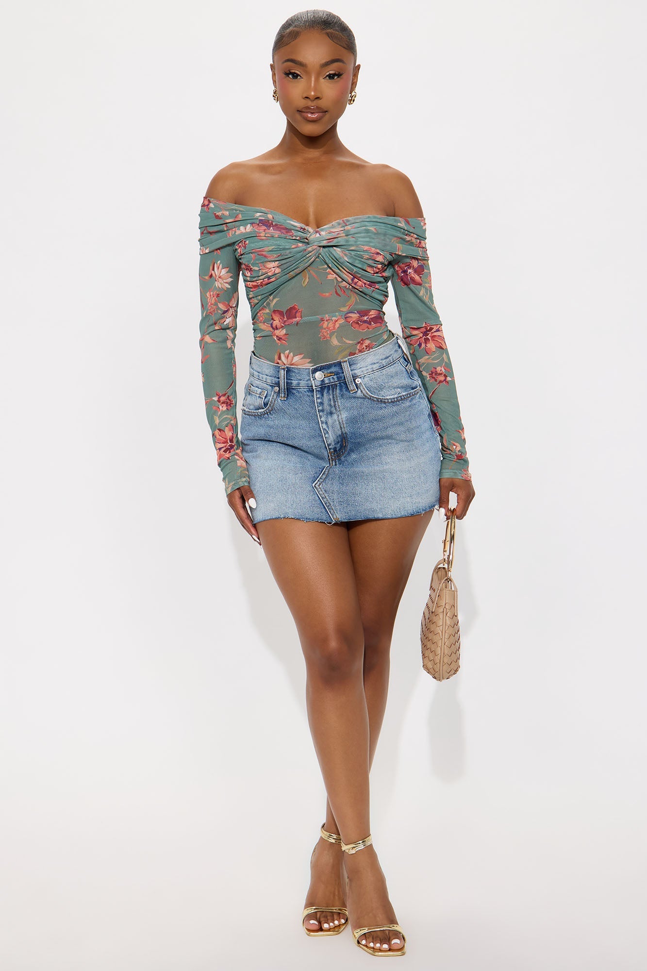 Floral Embrace Ruched Off Shoulder Bodysuit - Sage/combo