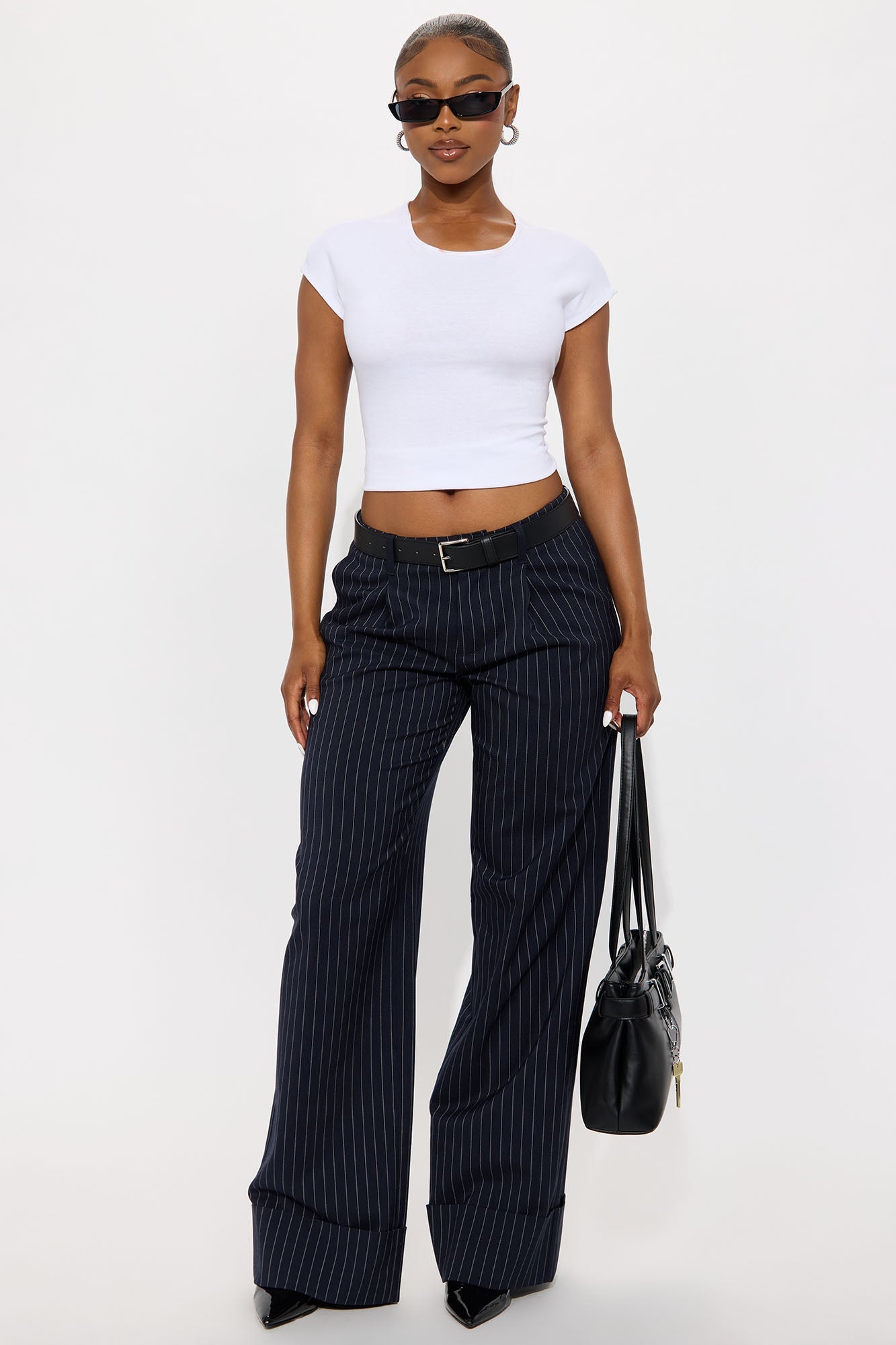 Amina Pinstripe Wide Leg Trouser - Navy