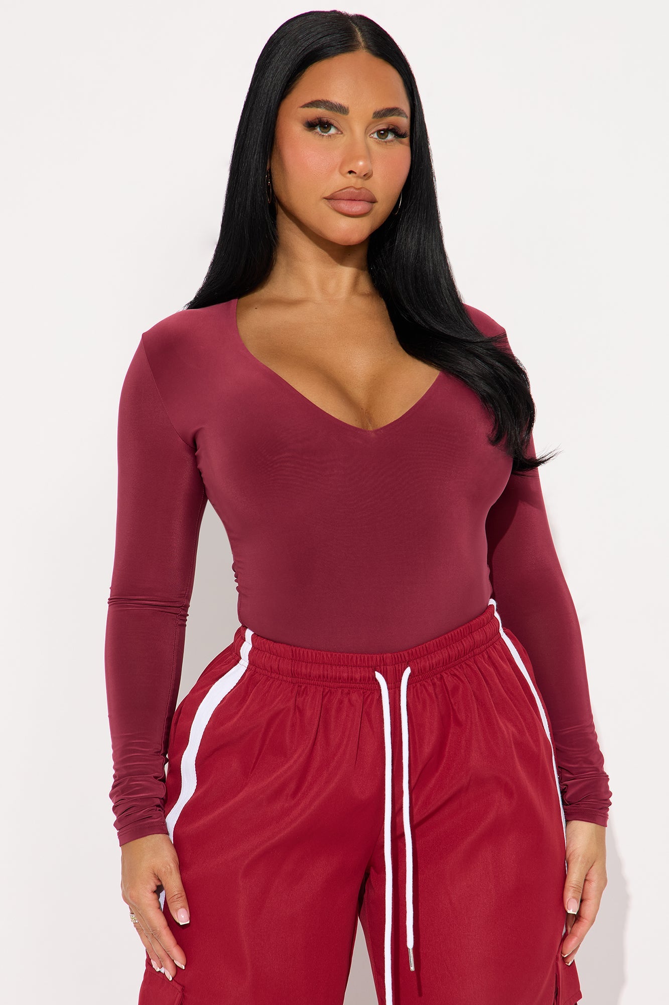 Take The Plunge Lined Long Sleeve Bodysuit - Burgundy