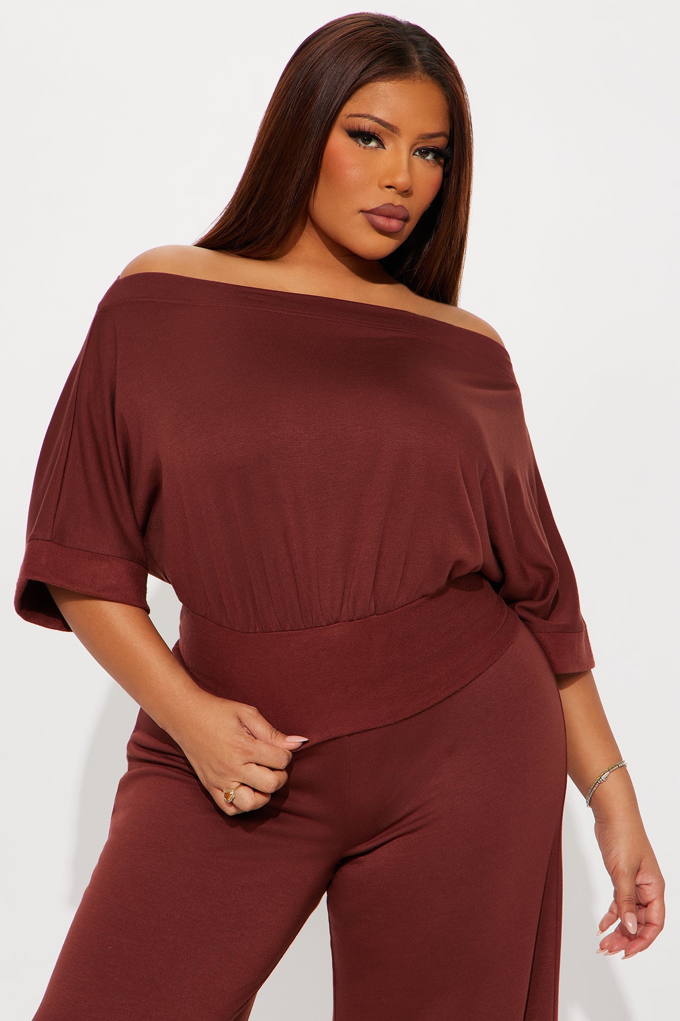 Stay A While Dolman Sleeve Wide Leg Pant Set - Brown