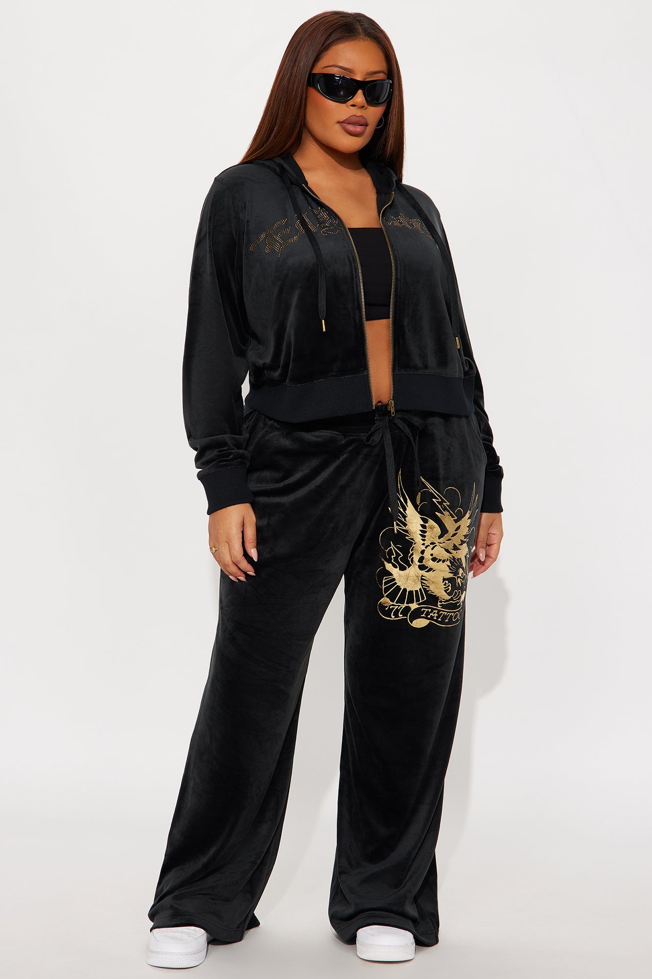 Ed Hardy Tattoo Gold Eagle Velour Pant Set - Black