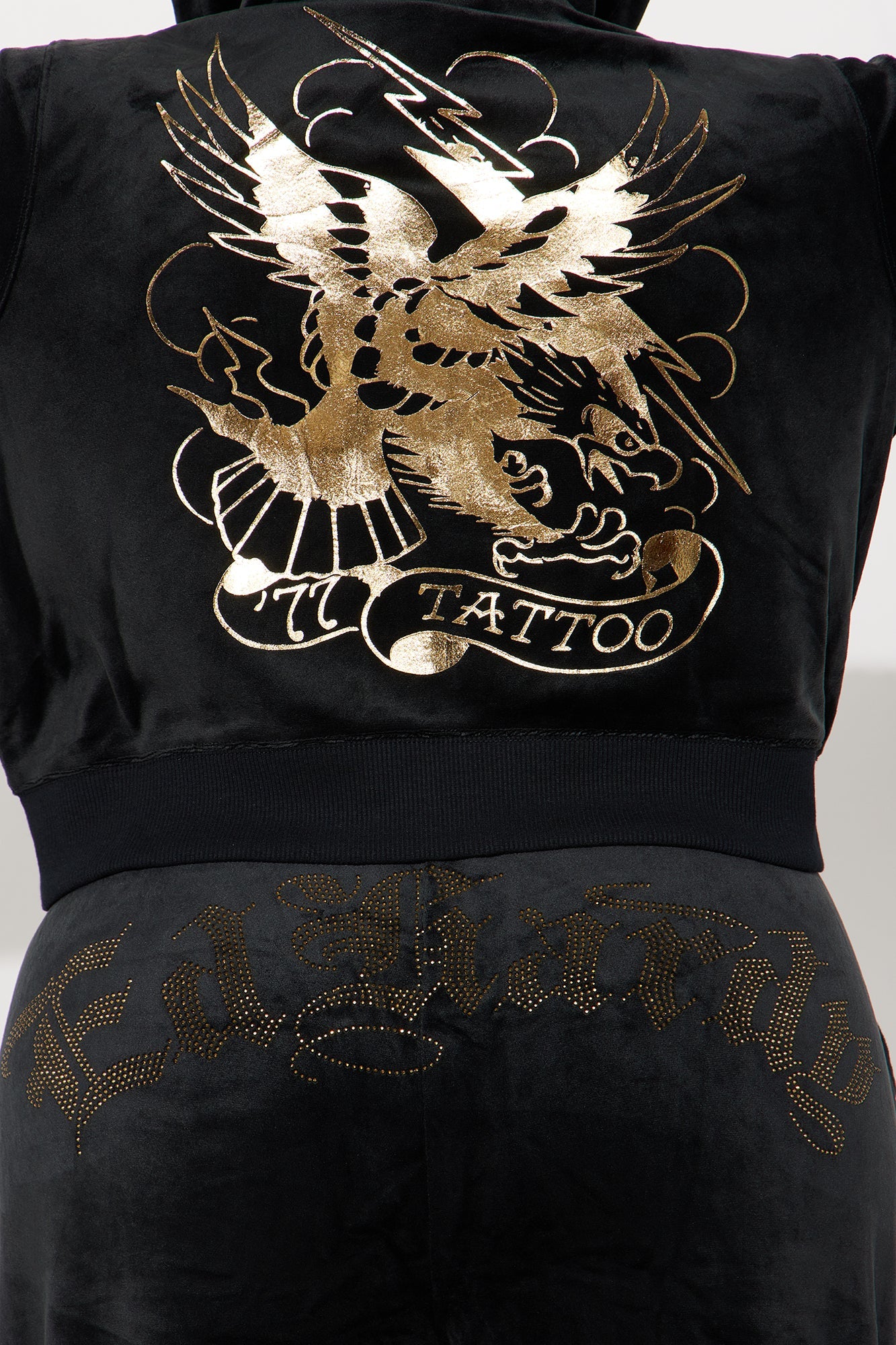 Ed Hardy Tattoo Gold Eagle Velour Pant Set - Black