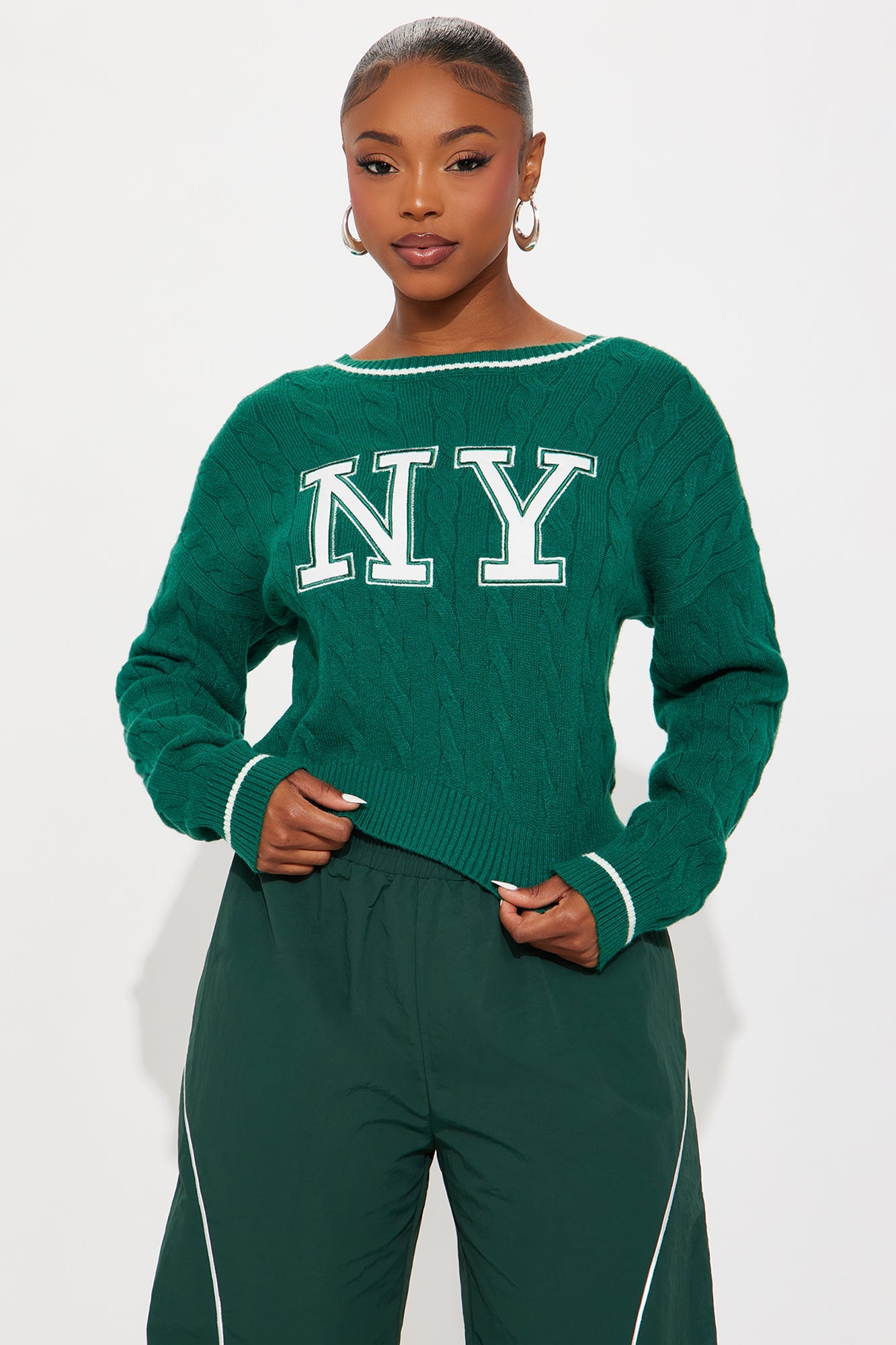Landed In NY Cable Knit Sweater - Green/combo