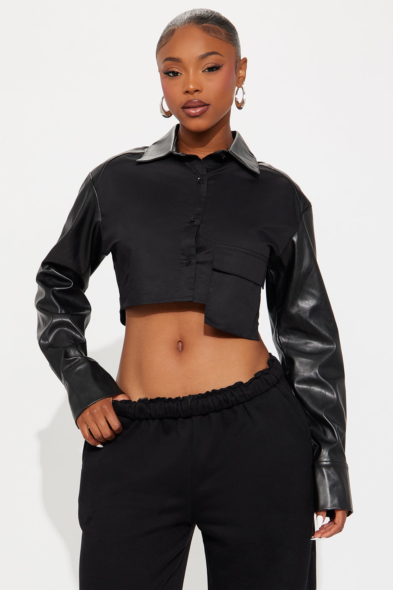 Hey Way Poplin Contrast Faux Leather Shirt - Black