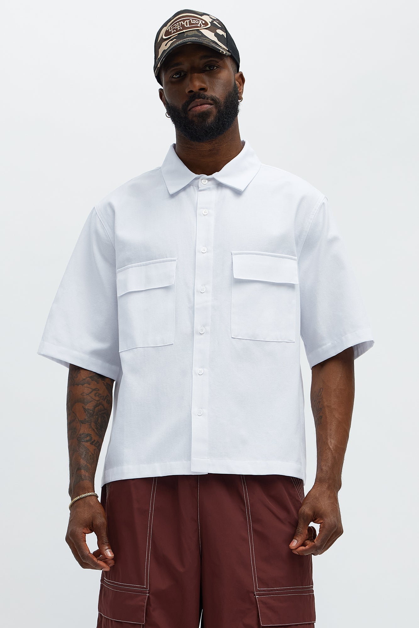 Cropped Double Pocket Button Up Shirt - White