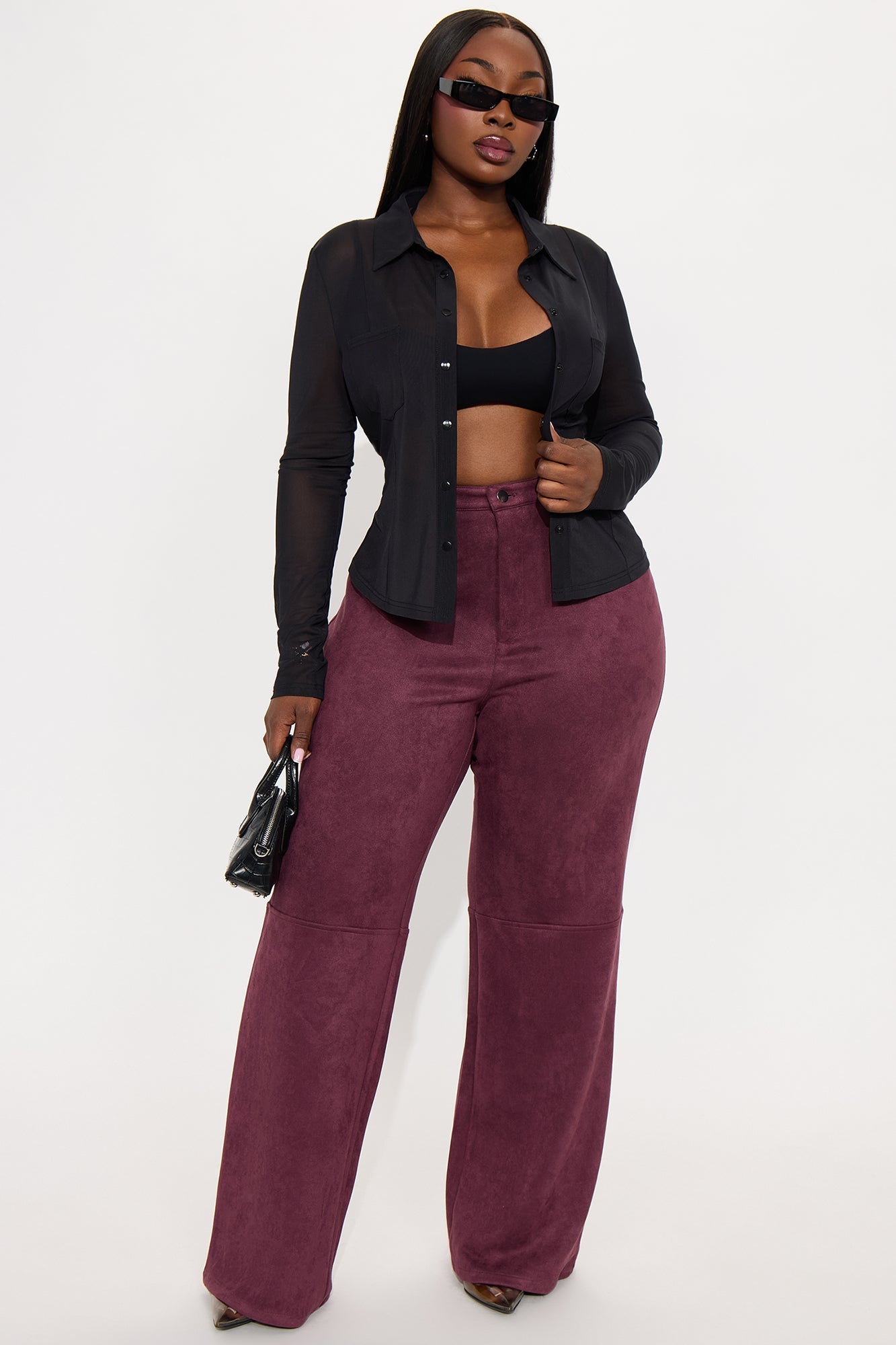 Gianna Faux Suede Wide Leg Pant - Wine