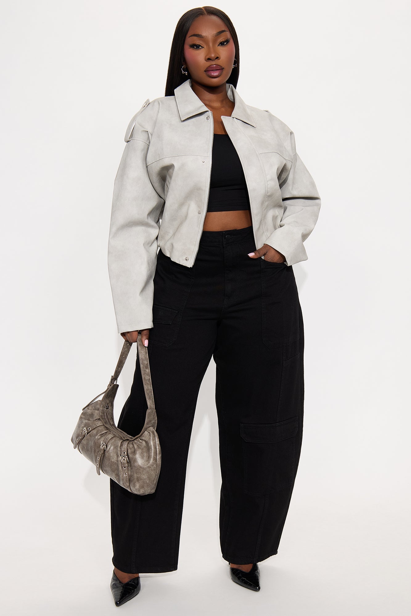Chelsea Washed Faux Suede Bubble Jacket - Light Grey