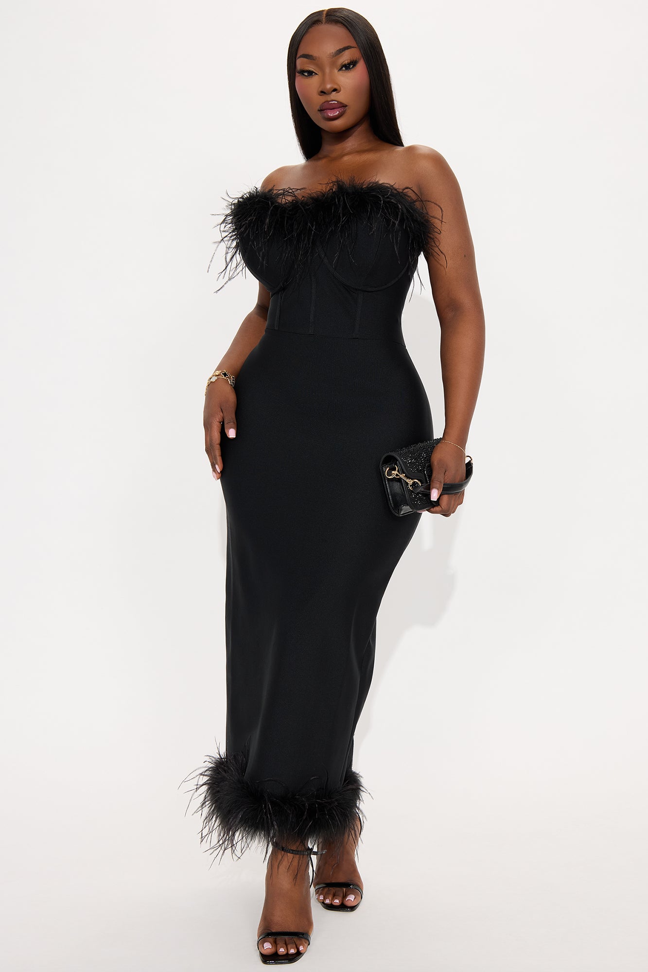Reina Feather Corset Bandage Midi Dress - Black