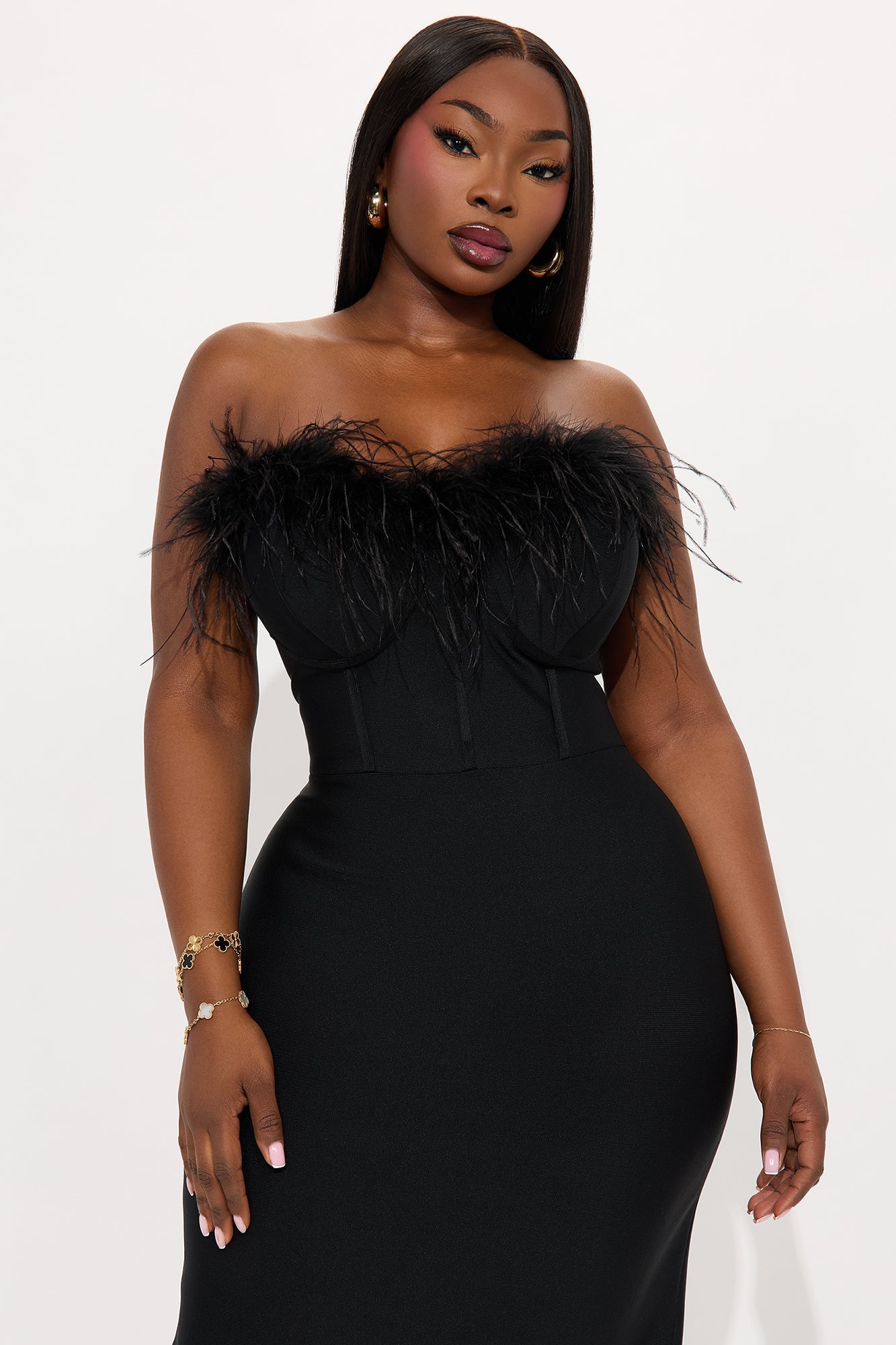 Reina Feather Corset Bandage Midi Dress - Black