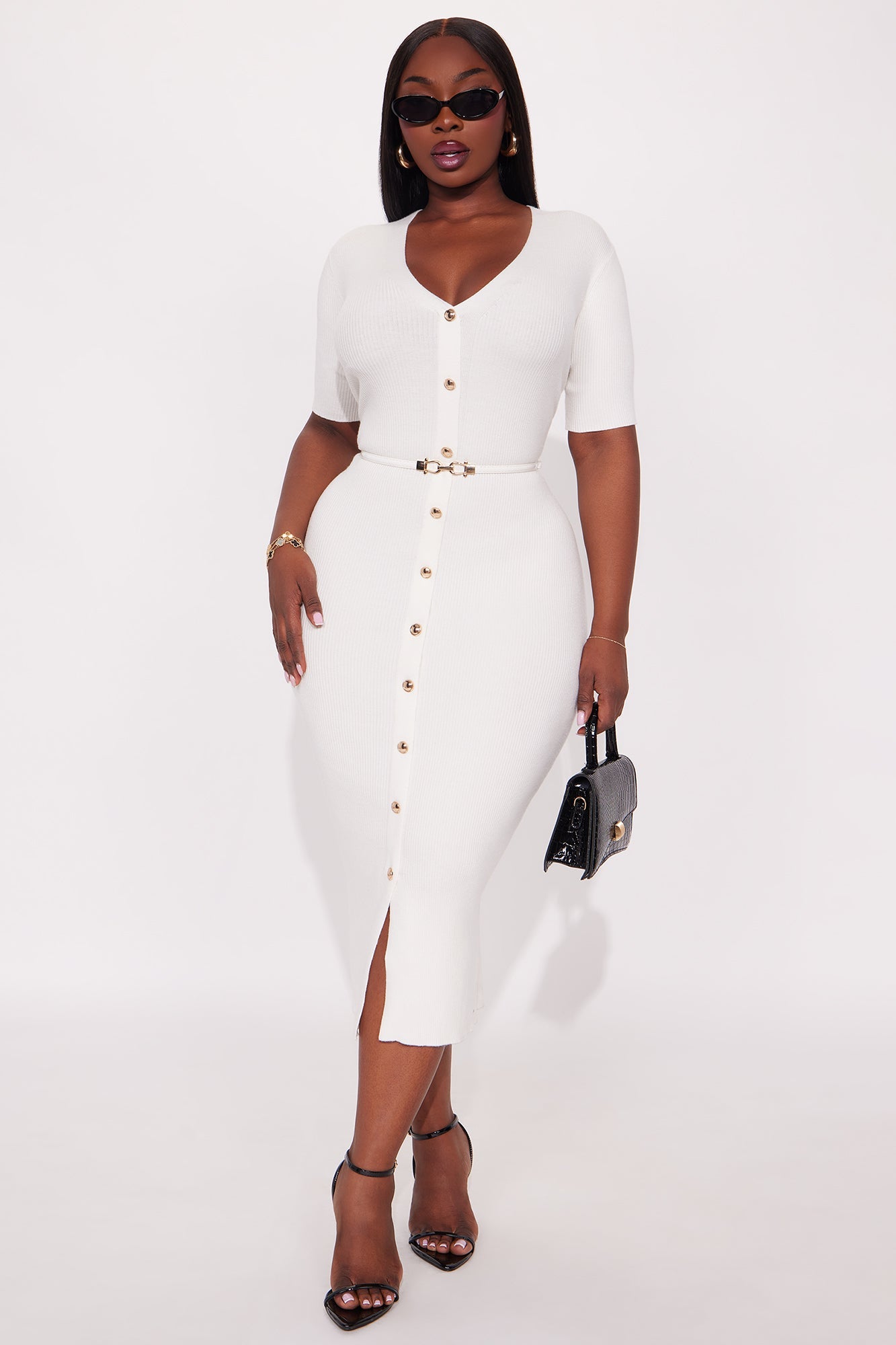 Kaia Belted Ribbed Midi Dress - White