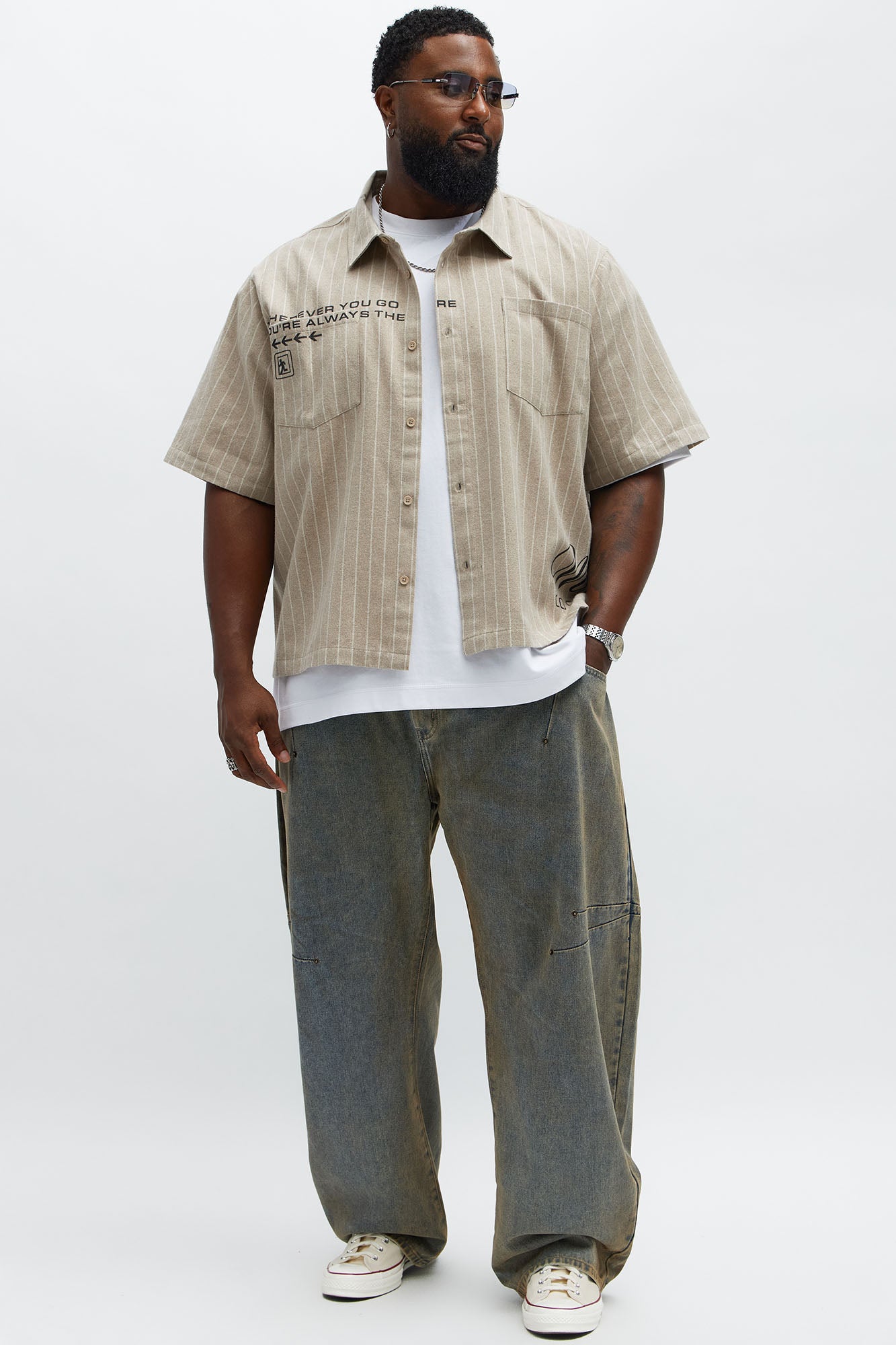 Worldwide Striped Cropped Button Up Shirt - Stone