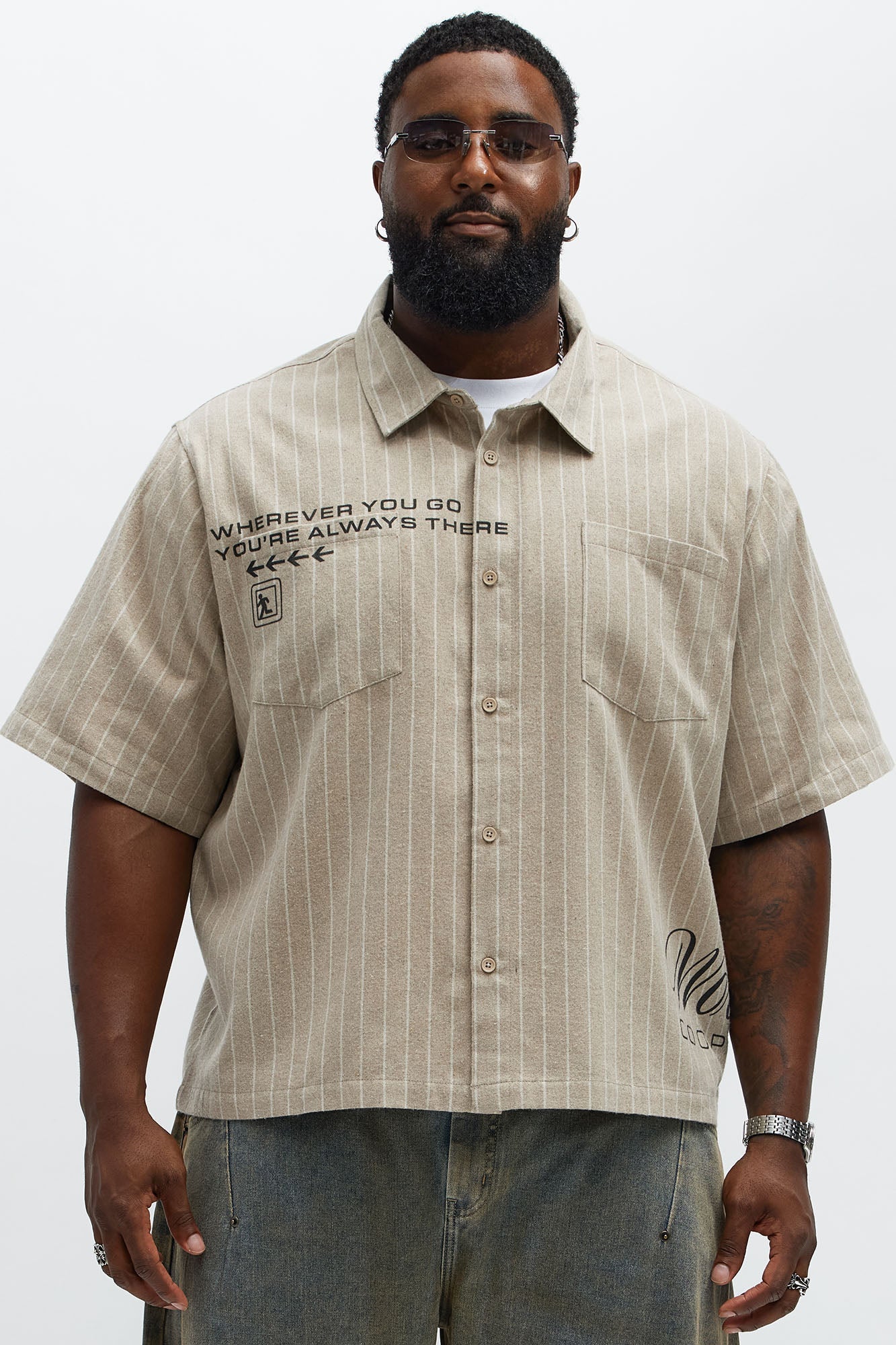 Worldwide Striped Cropped Button Up Shirt - Stone