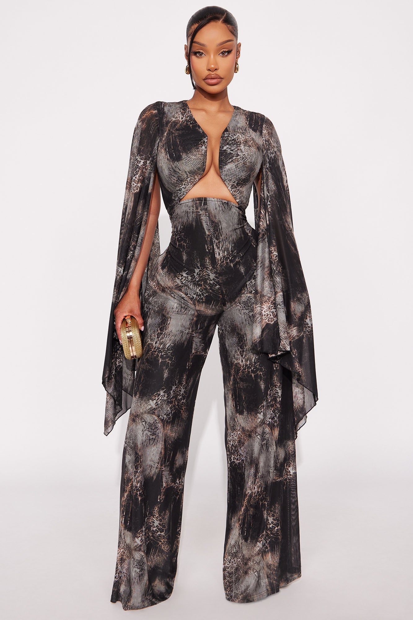 Noemi Animal Print Mesh Jumpsuit - Charcoal/combo
