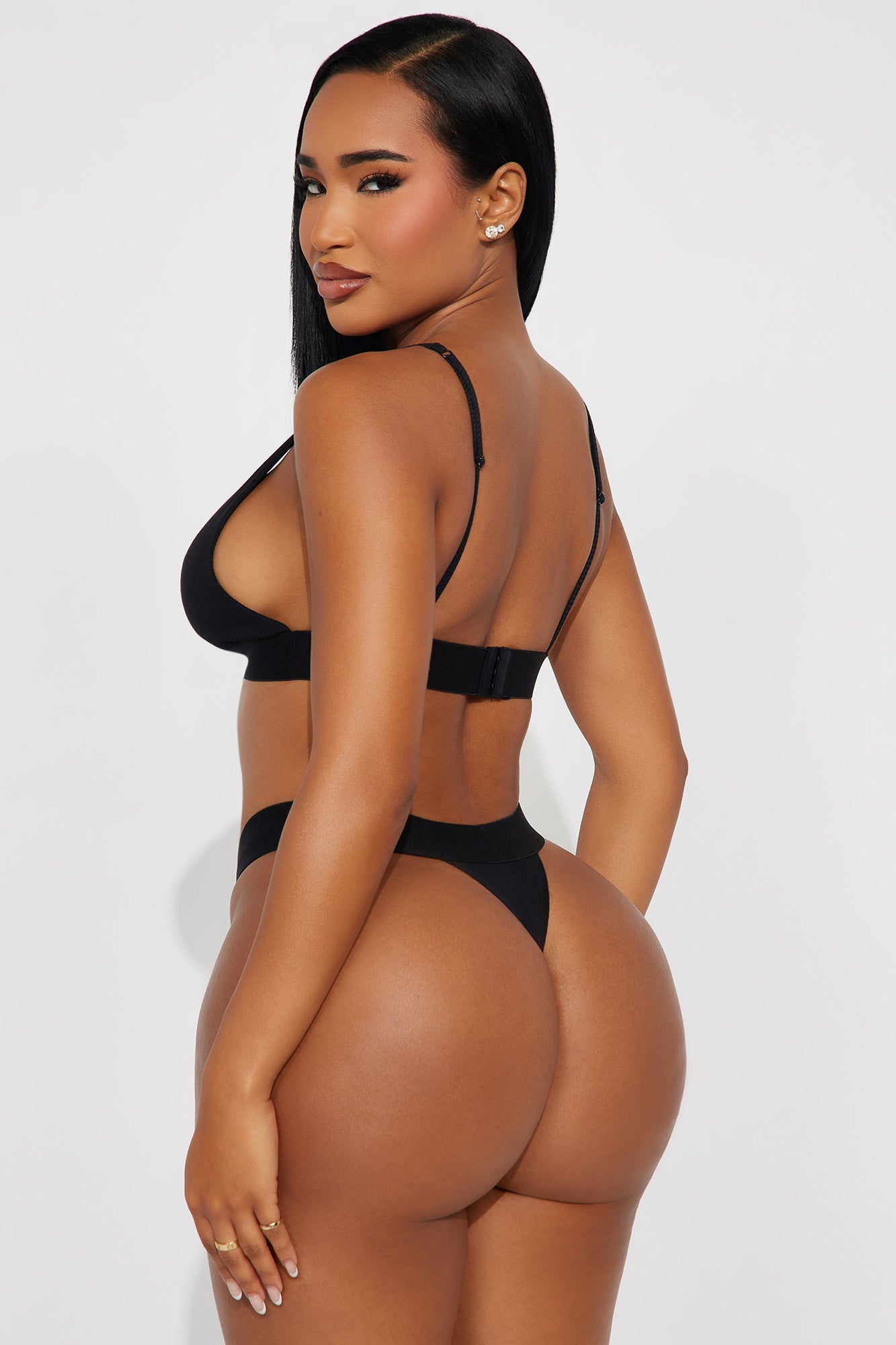 FN Mood Plunge Bra And Thong 2 Piece Cotton Ribbed Set - Black