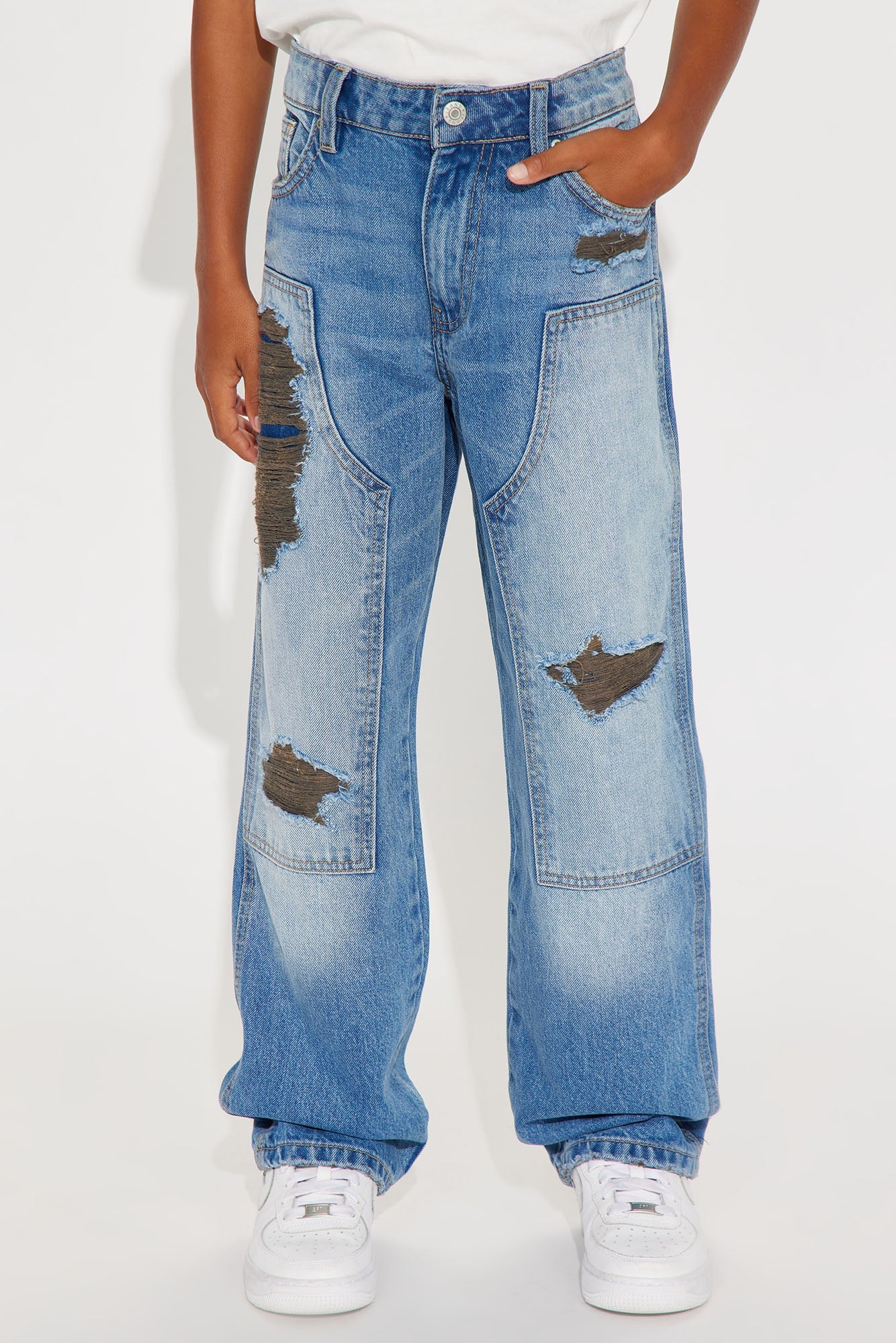 Mini Baggy Contrast Distressed Carpenter Jeans - Medium Blue Wash