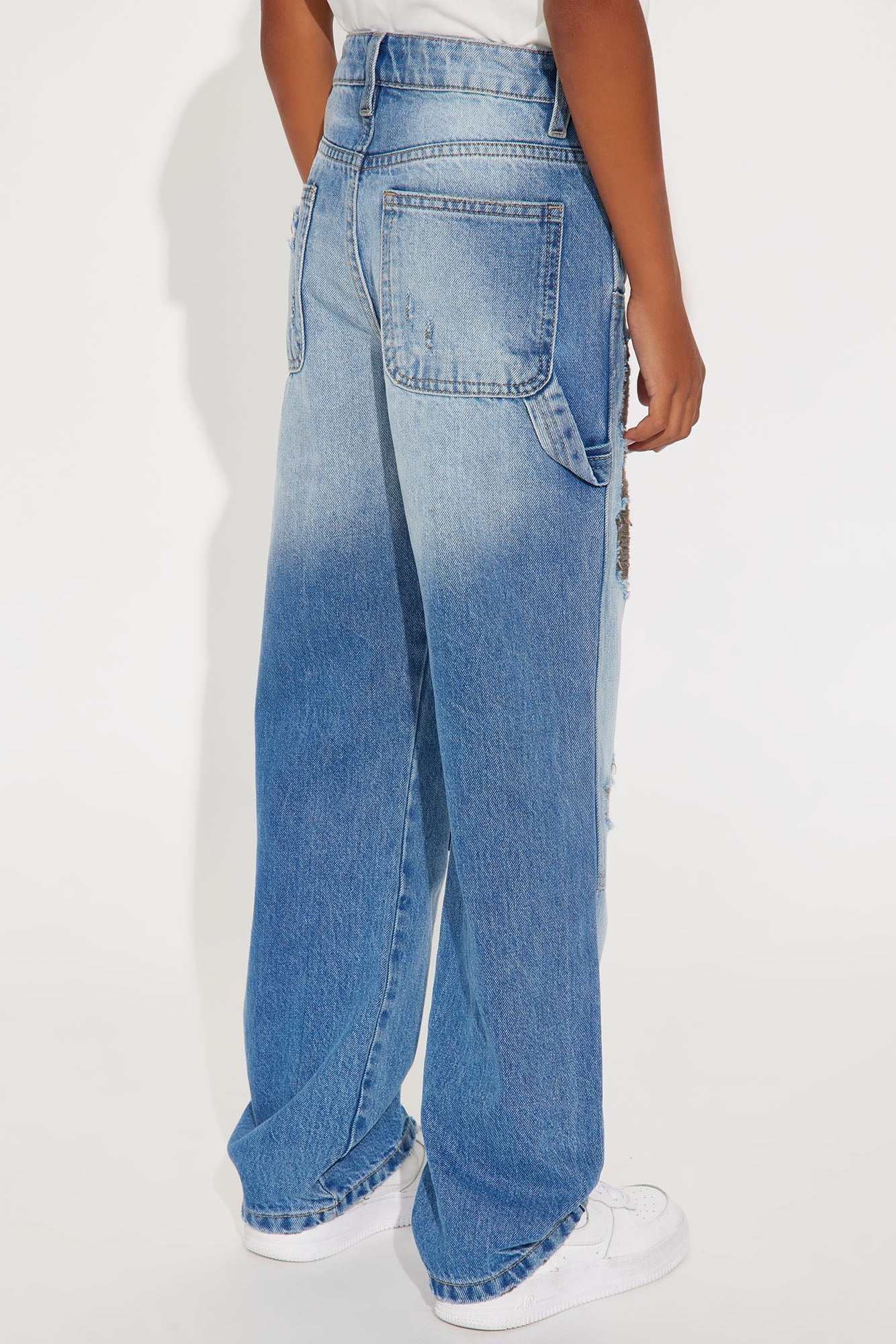 Mini Baggy Contrast Distressed Carpenter Jeans - Medium Blue Wash