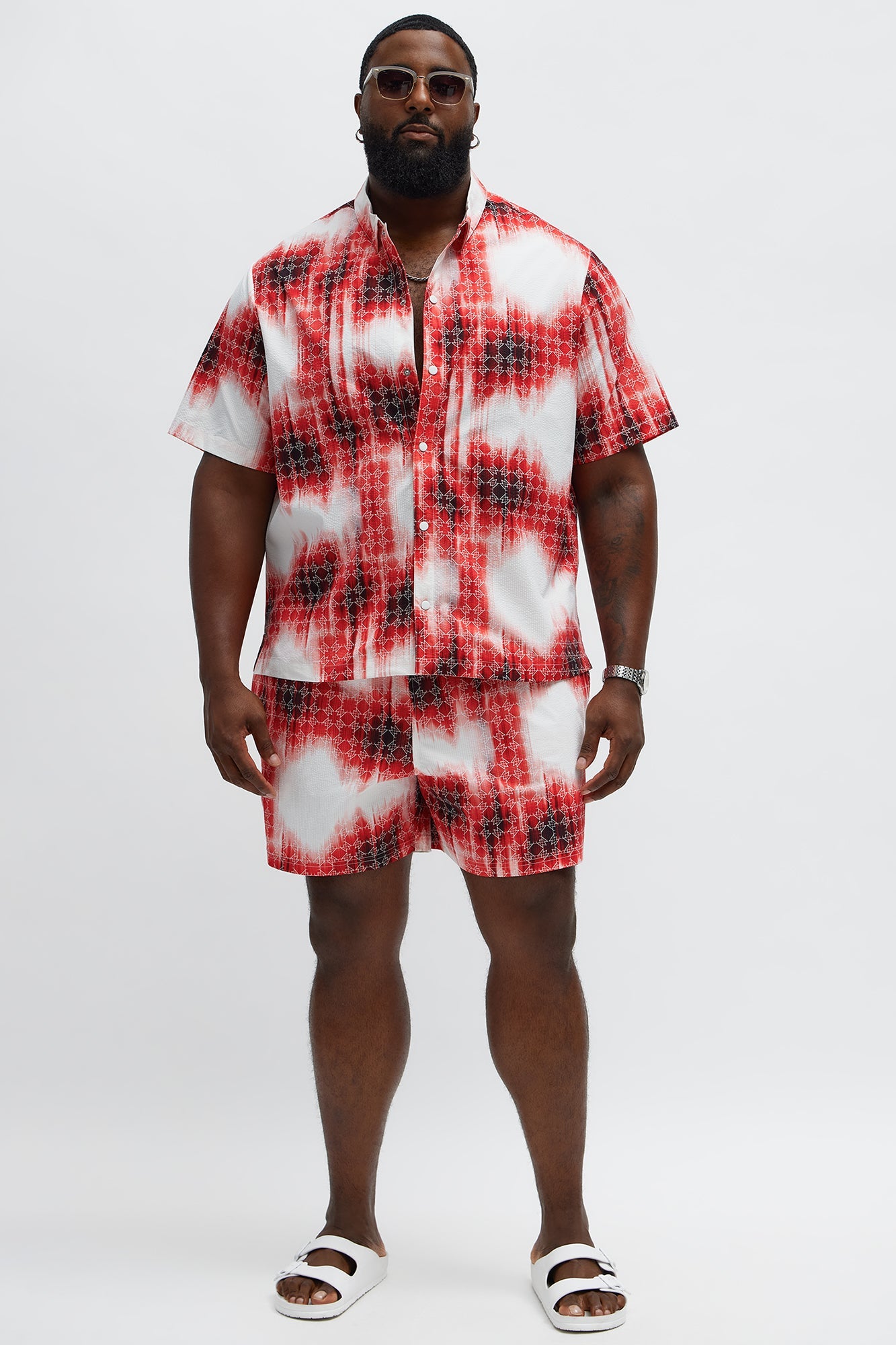 Seersucker Tie Dye Printed Swim Mid Trunk - Red/combo