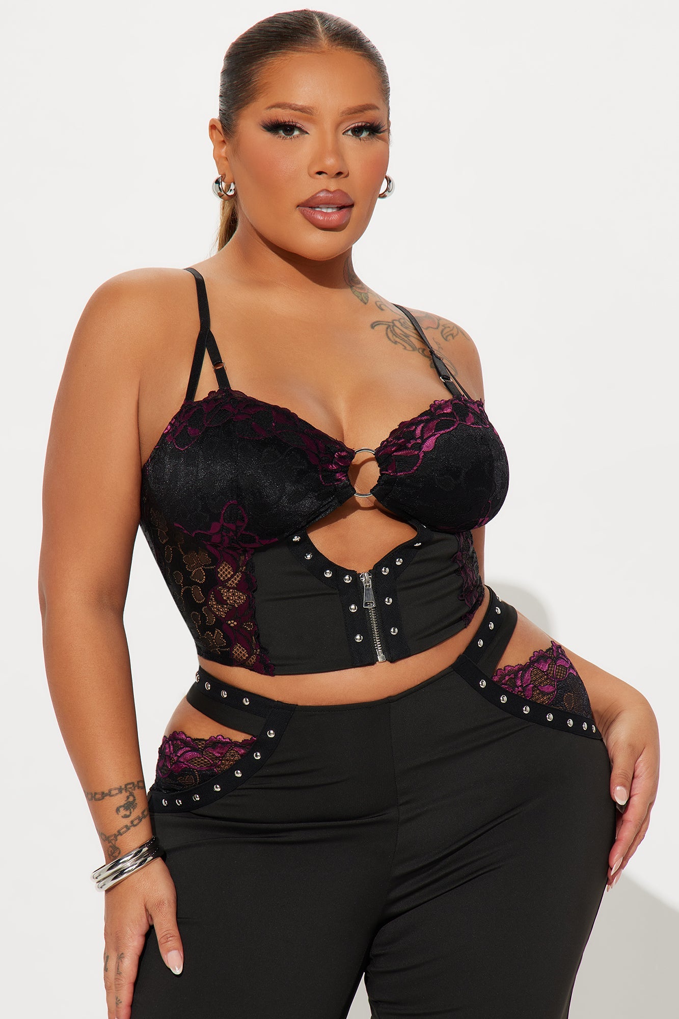 Diva Lace Flare Leg Pant Set - Black