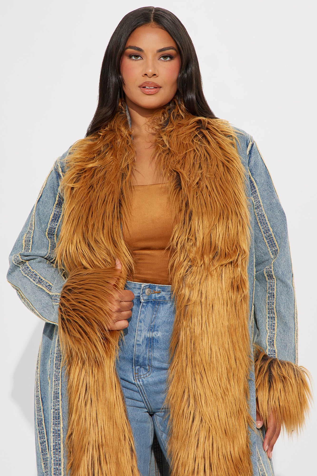 Bad Habits Faux Fur Trim Denim Coat - Vintage Wash