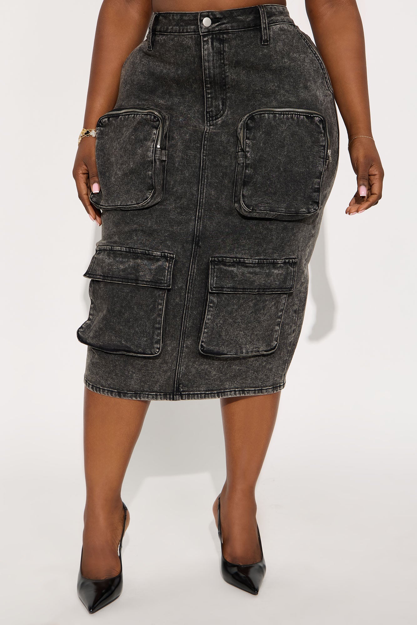 Sakura Cargo Denim Midi Skirt - Black/combo