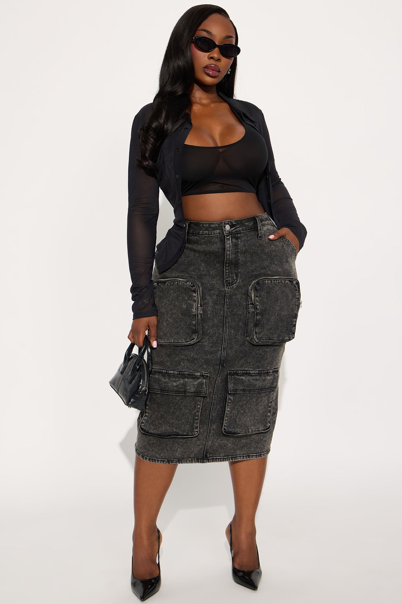 Sakura Cargo Denim Midi Skirt - Black/combo